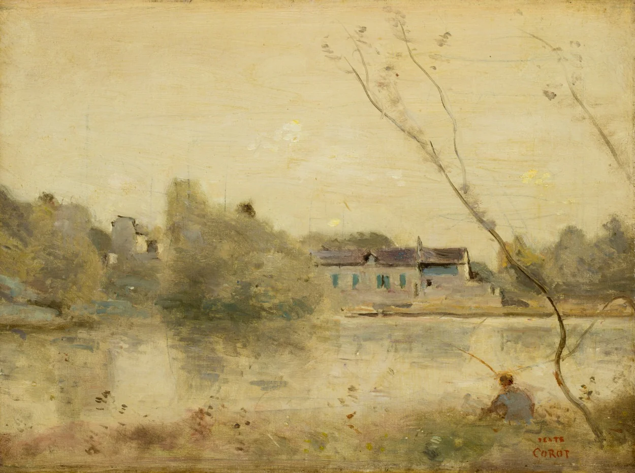 Ville-d'Avray. L'étang, petits arbres penchés au premier plan, by Jean Baptiste Camille Corot, oil, 1865