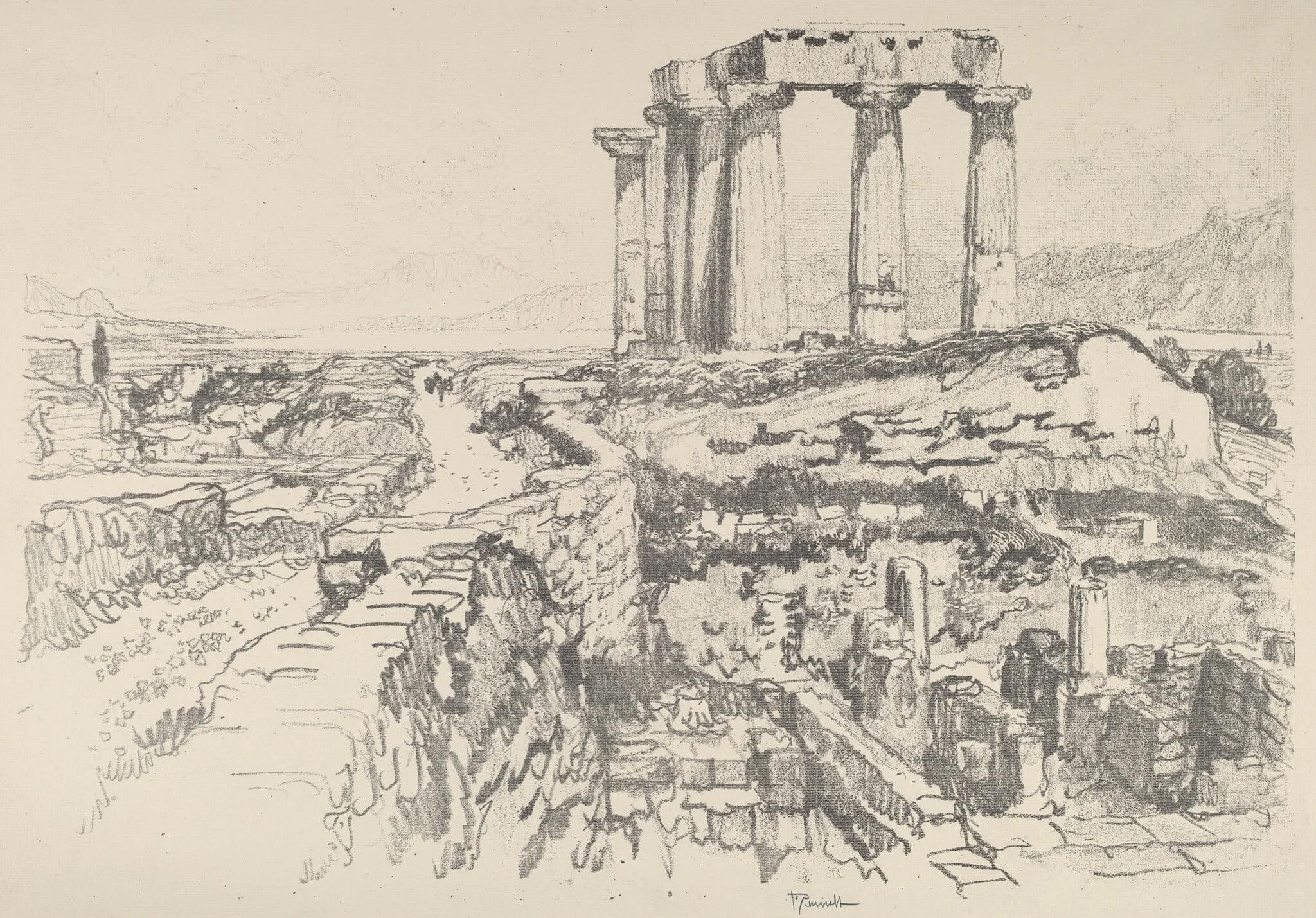 Corinth, towards the Gulf, by Joseph Pennell, ink, 1913
