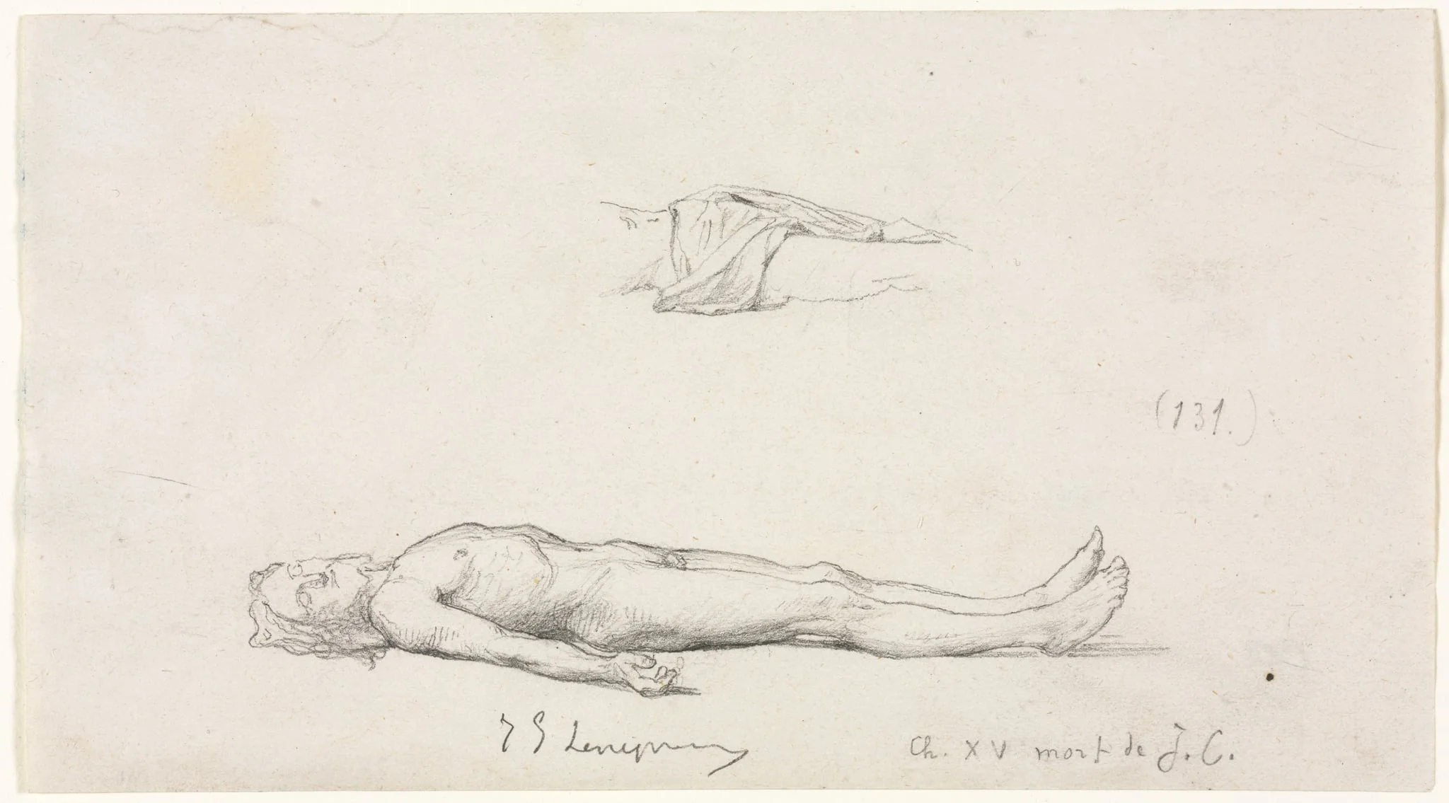 Sketch of the Dead Christ, and Detail Sketch of Loincloth, by Eugène Lenepveu, 1804