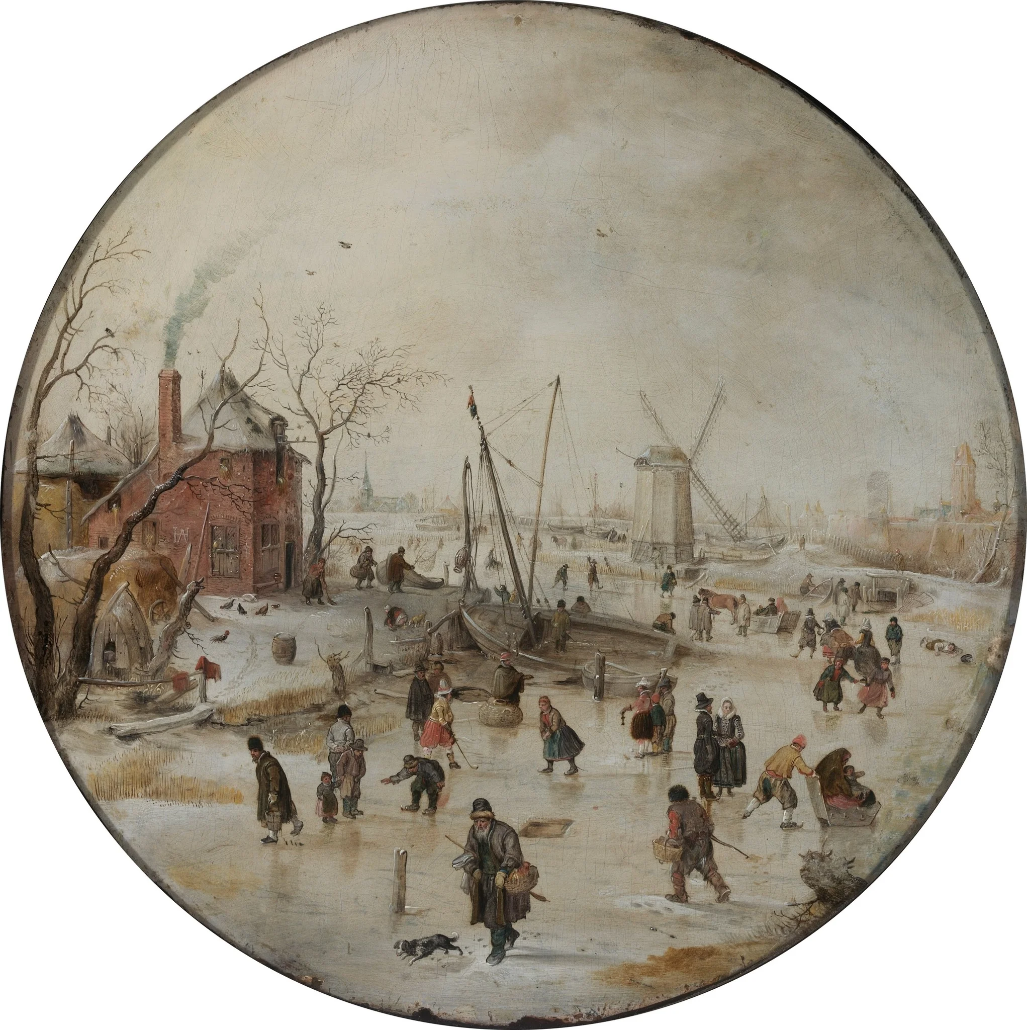 Frozen River with Skaters, by Hendrick Avercamp, oil, 1620