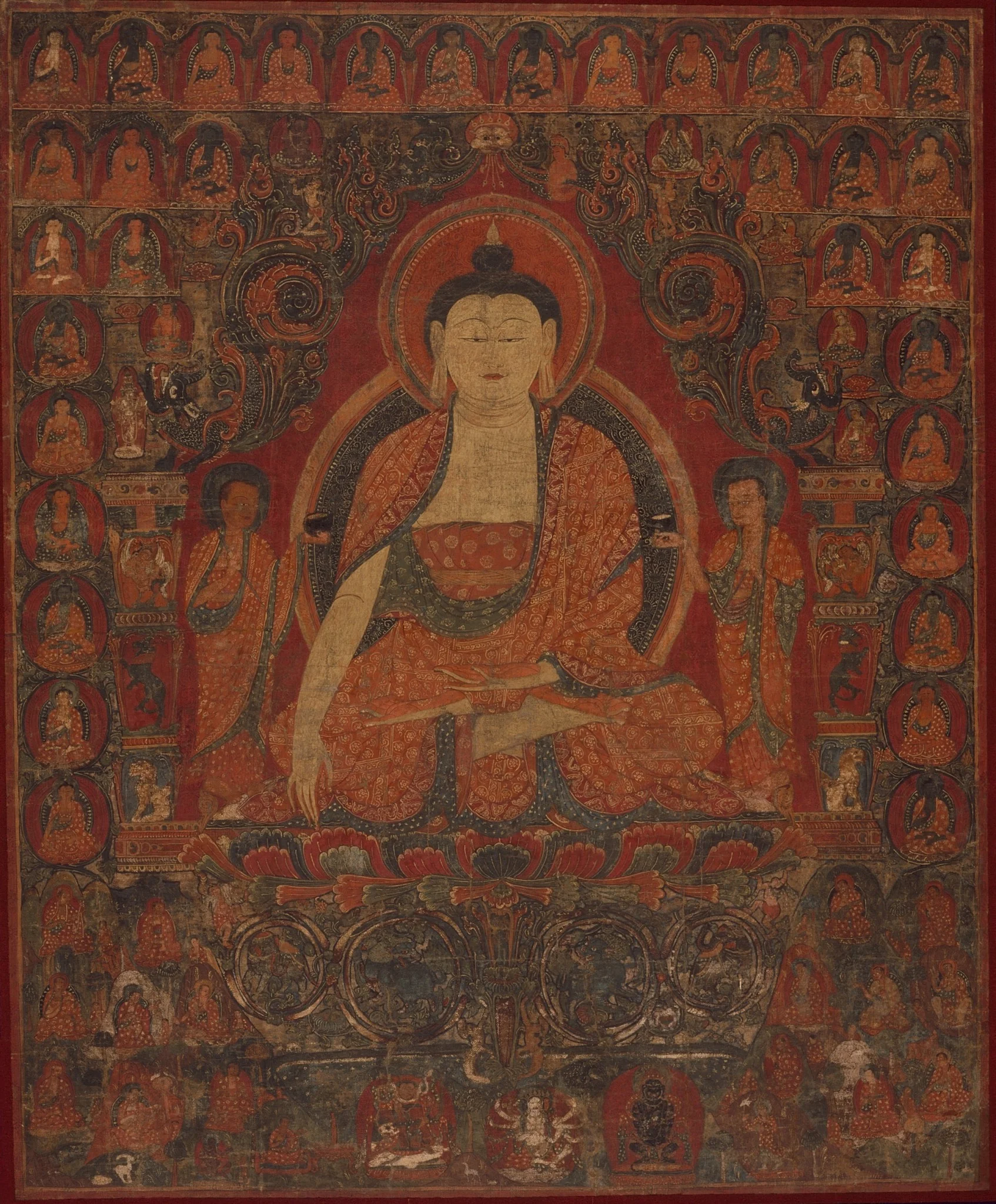 Shakyamuni with the Thirty-Five Buddhas of the Confession of Sins and the Eighteen Arhats, by Unknown, unspecified, 1450
