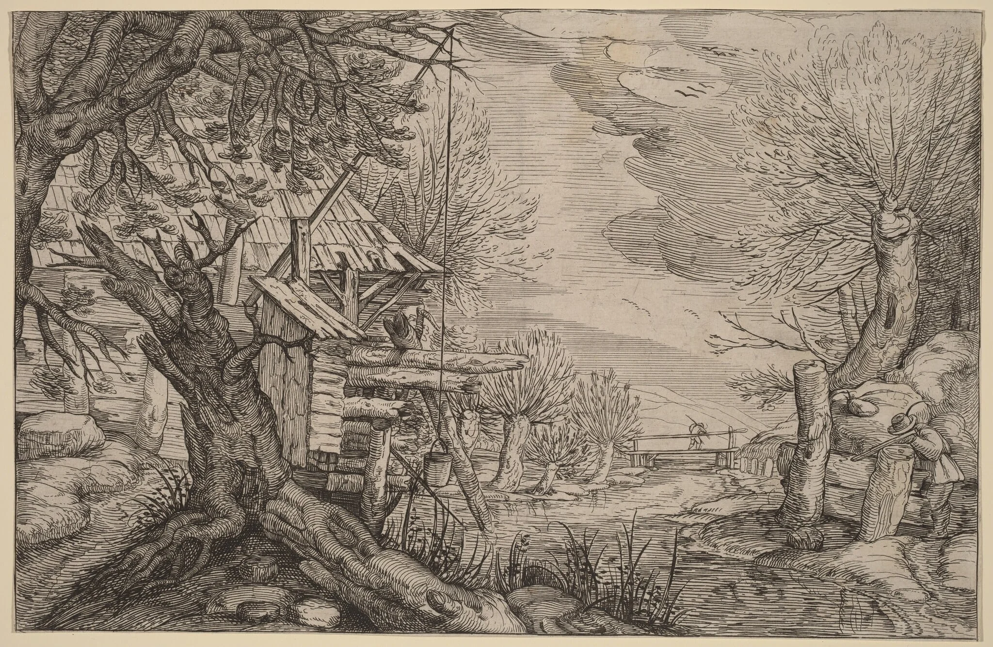 Landscape with Log House near a River, by Dutch 17th Century, ink, 1650