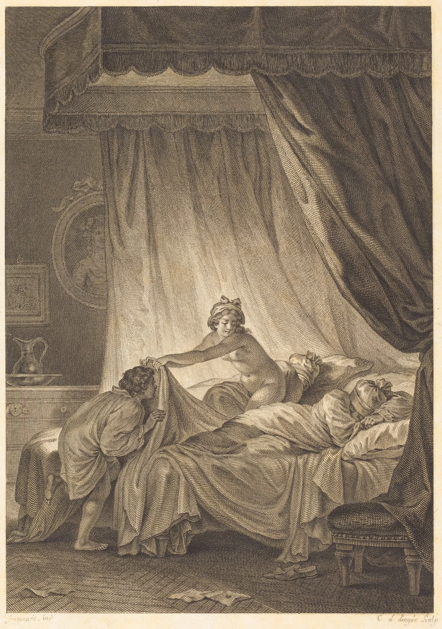 Joconde: Le lit, by Charles Louis Lingée, ink, 1784