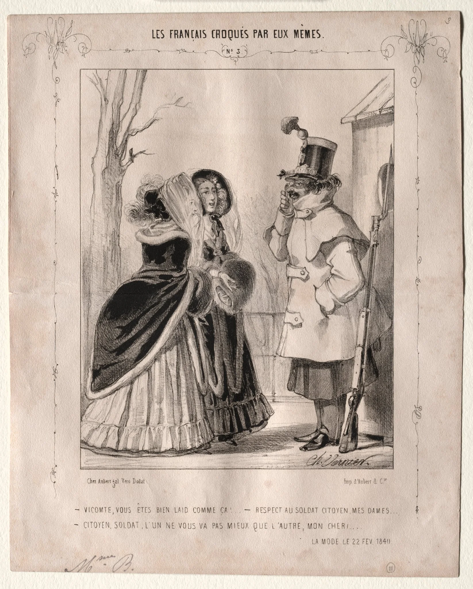 Les Français croquès par eux-mêmes:  Vicomte, vous êtes bien laid comme ca!,,,Respect au soldat citoyen, mes dames...Citoyen, soldat, l'un ne vous va pas mieux que l'autre, mon cher!, by Charles Vernier, 1840