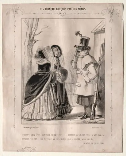 Les Français croquès par eux-mêmes:  Vicomte, vous êtes bien laid comme ca!,,,Respect au soldat citoyen, mes dames...Citoyen, soldat, l'un ne vous va pas mieux que l'autre, mon cher!