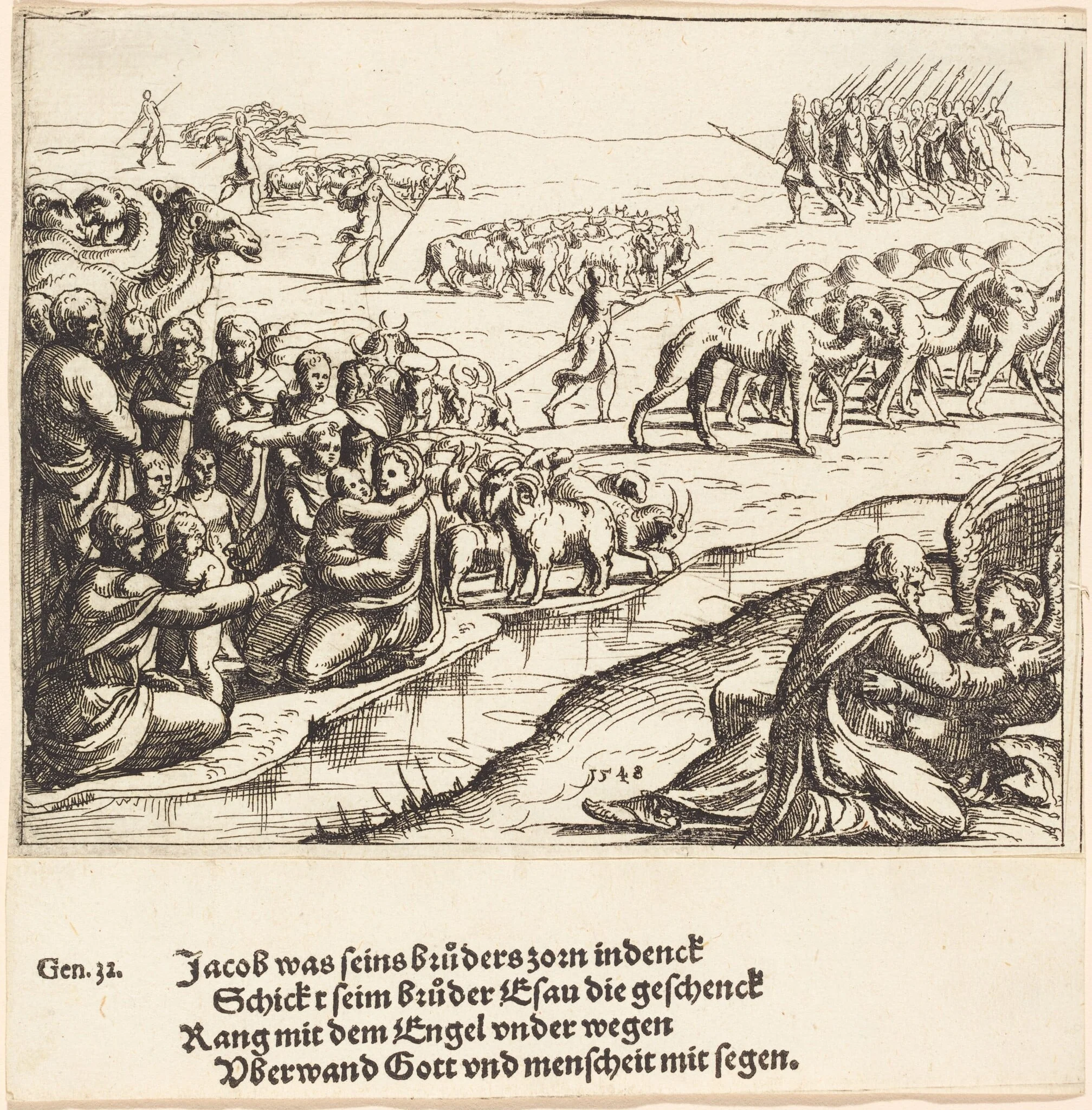 Jacob Wrestling with the Angel, by Augustin Hirschvogel, ink, 1548