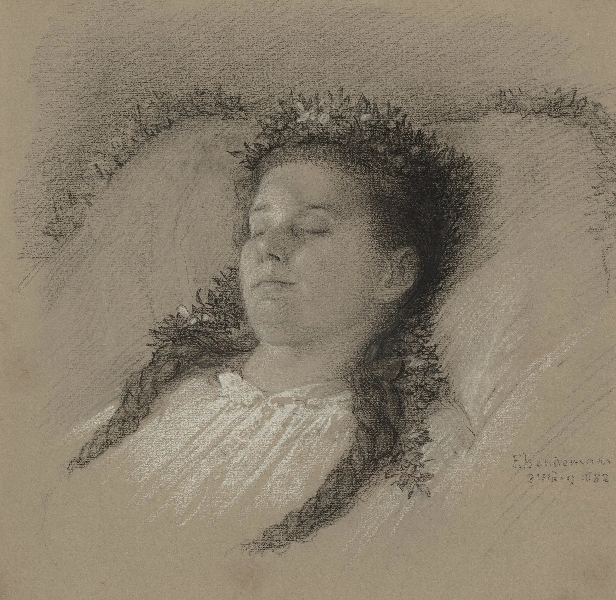 A Girl on Her Deathbed with a Crown of Flowers, by Eduard Julius Friedrich Bendemann, chalk, 1882