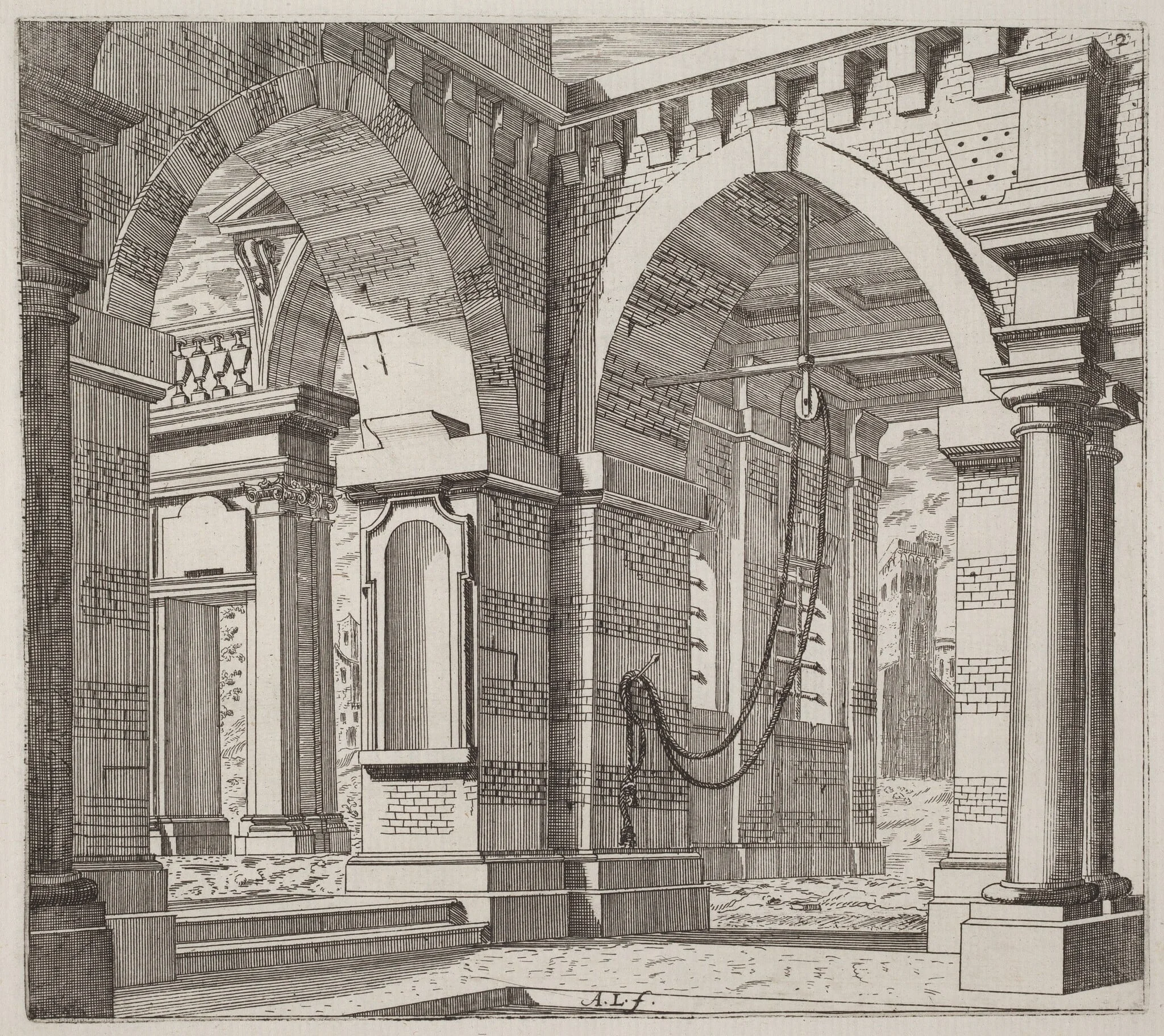 Architectural Fantasy with Arched Gateways, by Giuseppe Antonio Landi, ink, 1753