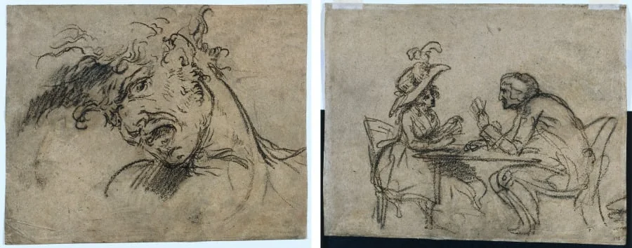 Head of a Screaming Man (recto); Woman and Man Playing Cards (verso), by Benjamin West, 1792