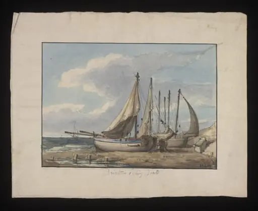 Watercolour drawing by the Grieve family, probably by Thomas Grieve, showing fishing boats at Brighton