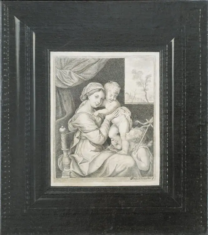 Trompe l'oeil af et indrammet kobberstik af Maria med Barnet