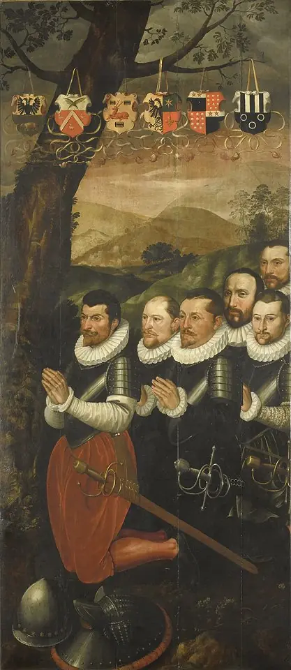 Two Altarpiece Wings with the Circumcision (left) and Adoration of the Shepherds (right). On the outside are John the Baptist with the Lamb of God and Six Kneeling Noblemen in Armor