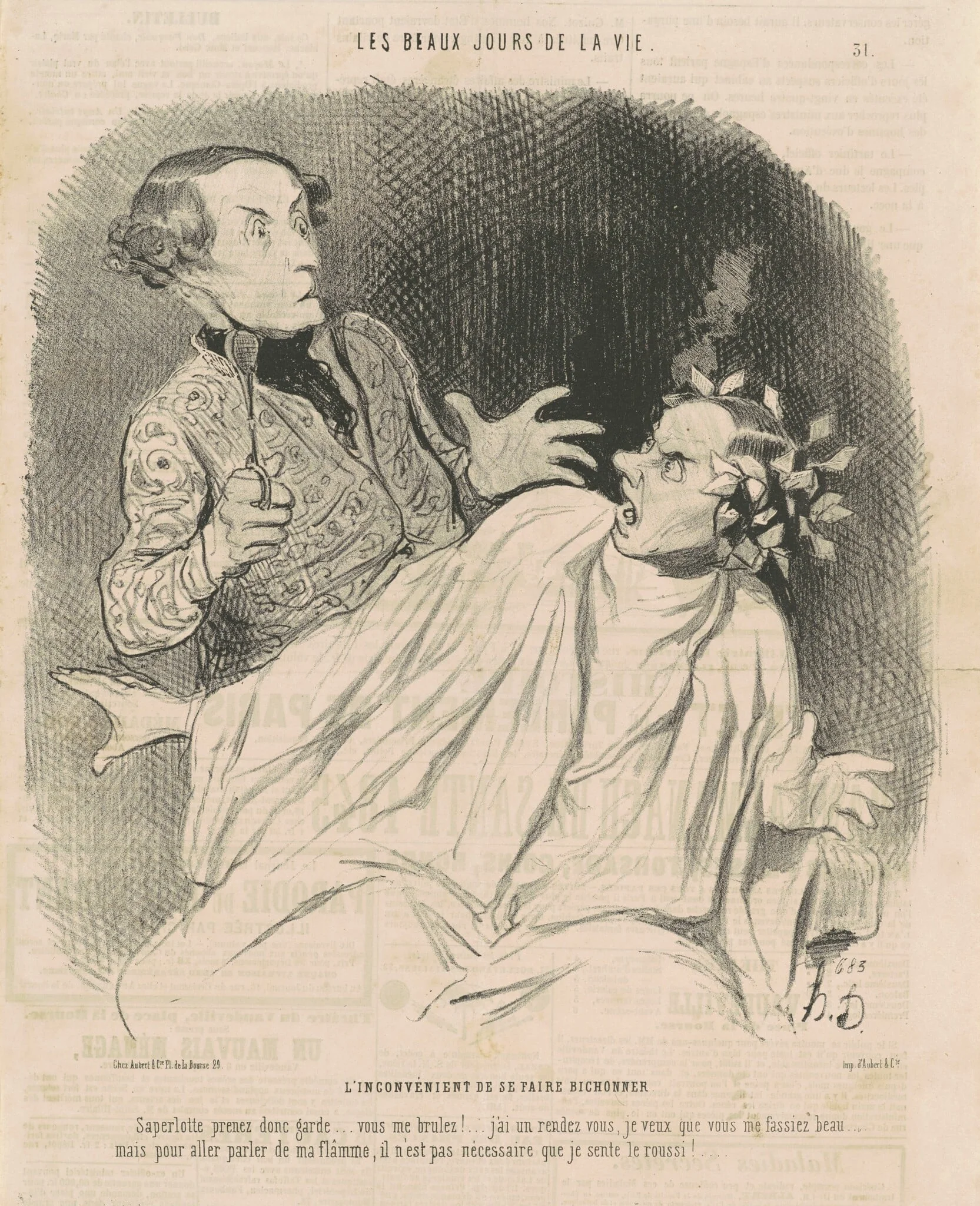 L'inconvénient de se faire bichonner ..., by Honoré Daumier, ink, 1844