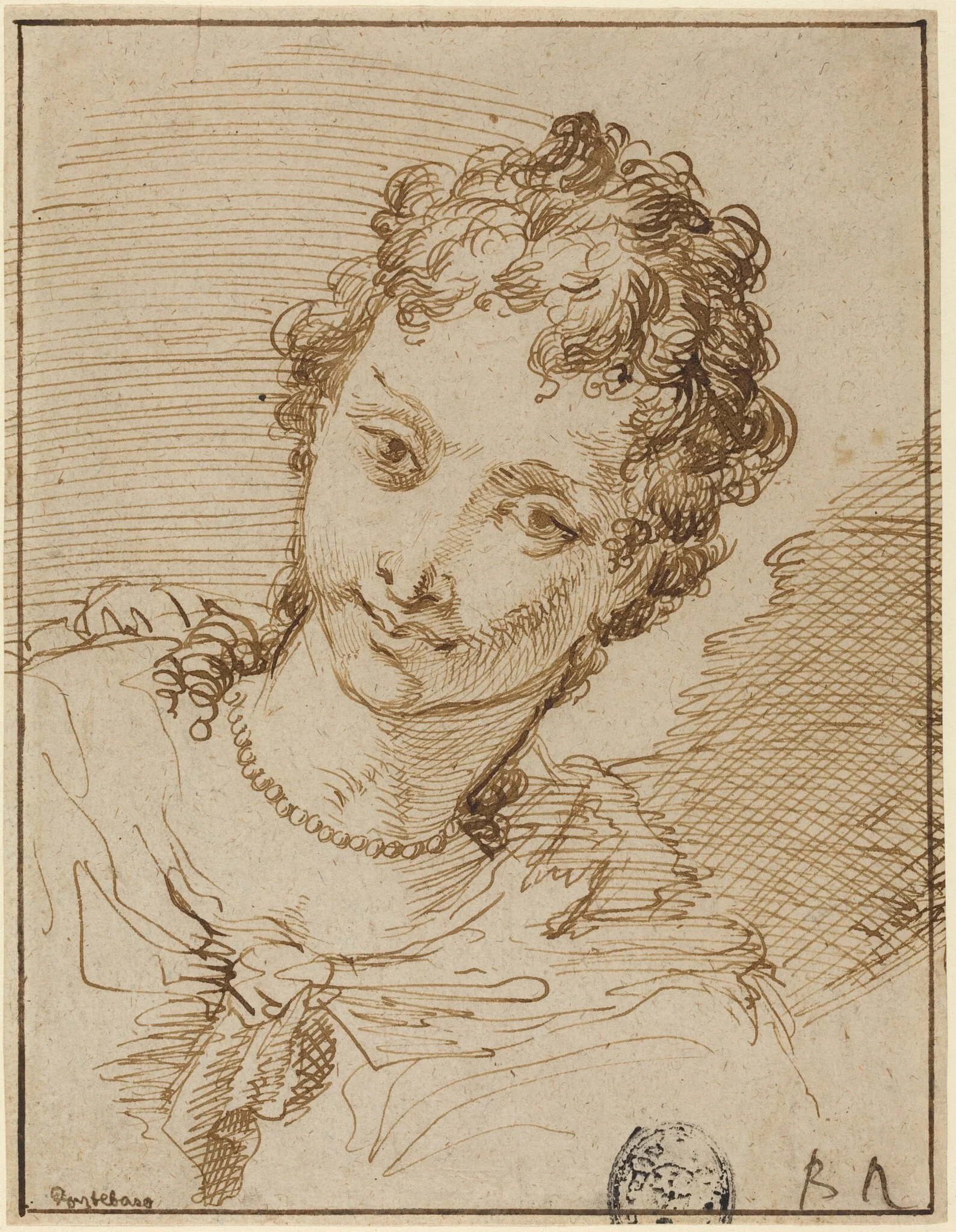 Elegant Young Woman with a Pearl Necklace, by Francesco Fontebasso, ink, 1739