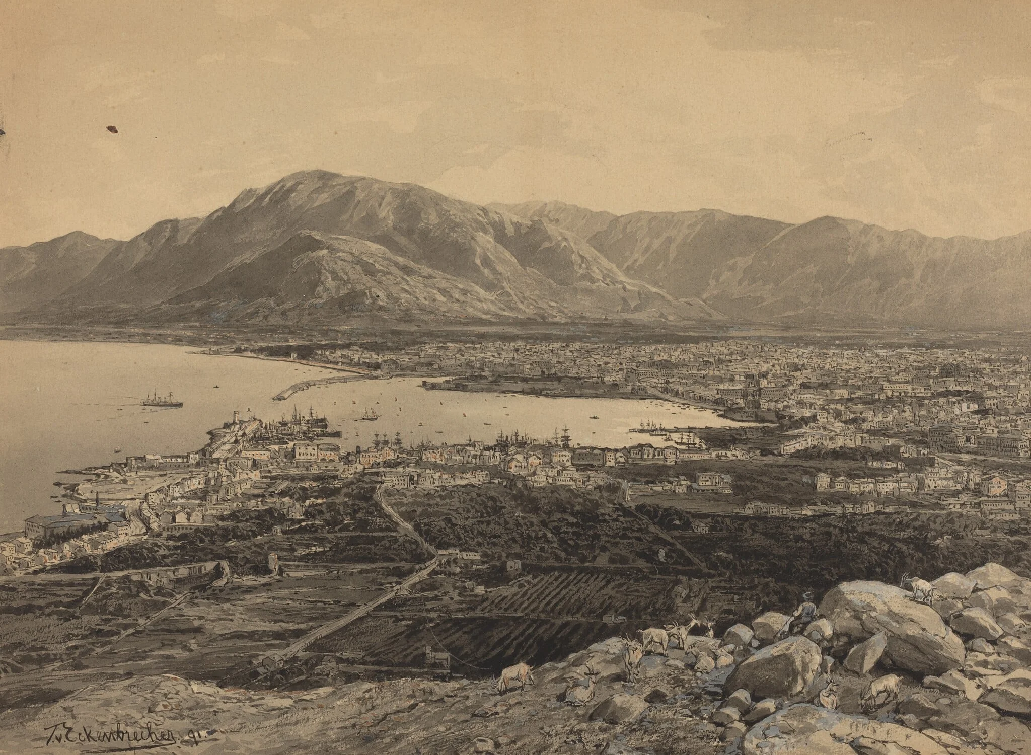 The Harbor of Piraeus, by Themistocles von Eckenbrecher, ink, 1891