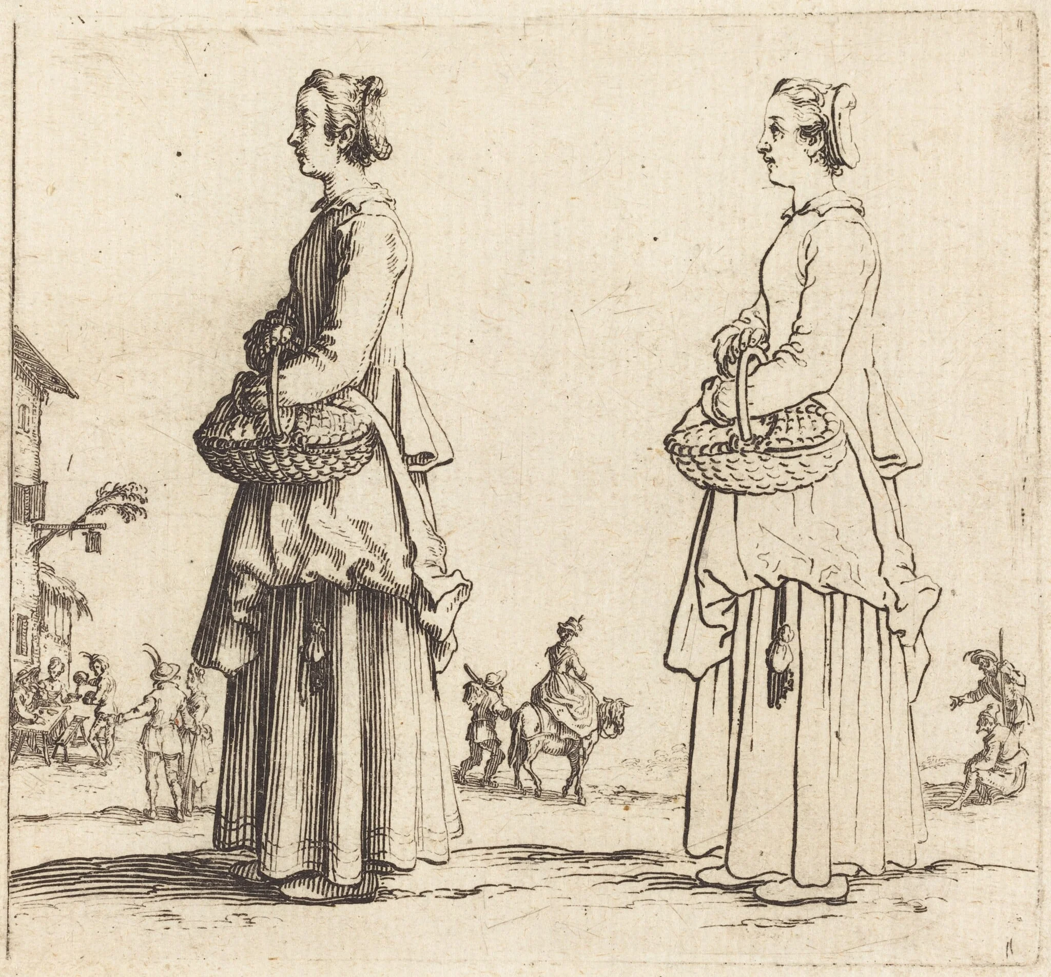 Peasant Woman with Basket, in Profile, Facing Left, by Jacques Callot, ink, 1622