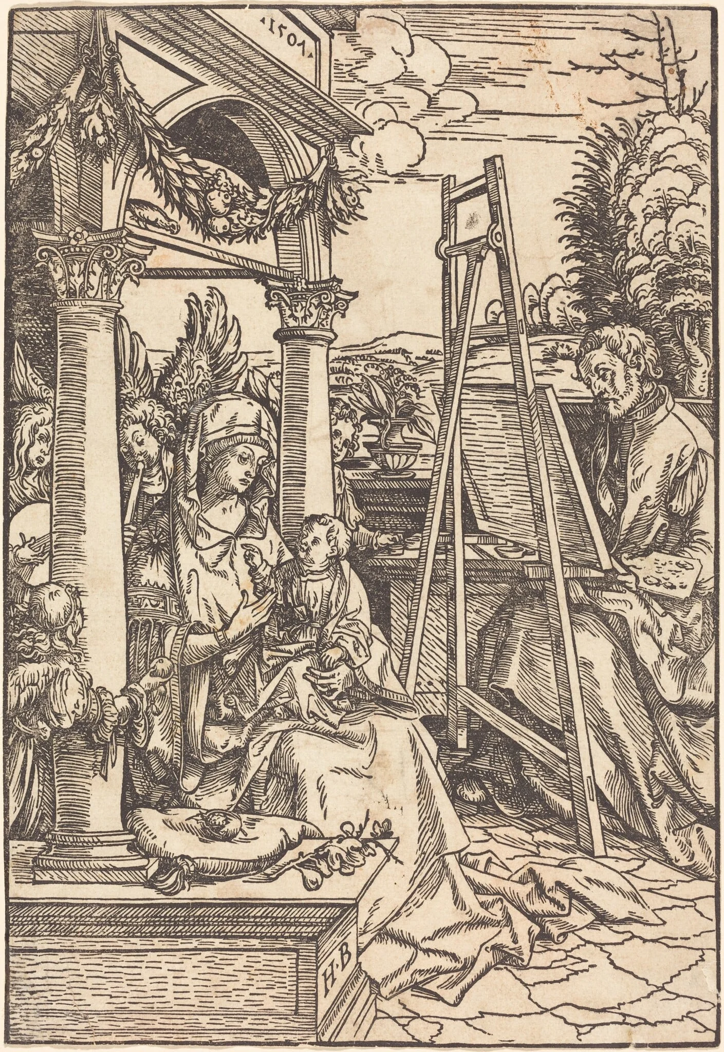 Saint Luke Painting the Portrait of the Virgin, by Hans Burgkmair the Elder, ink, 1507