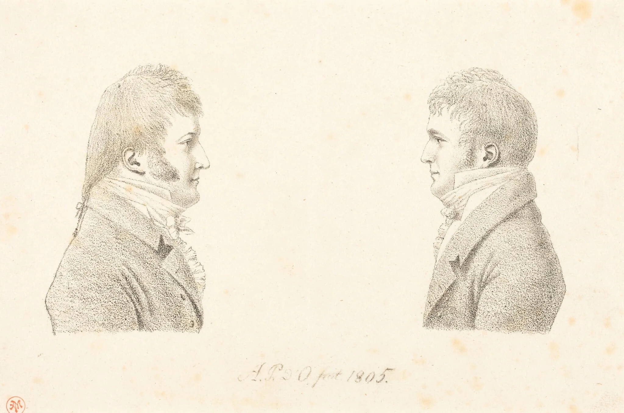 Self-Portrait and the Artist's Brother, by duc de Montpensier, Antoine Marie Philippe Louis d' Orléans, ink, 1805