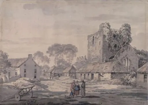 Irish village with ruined church