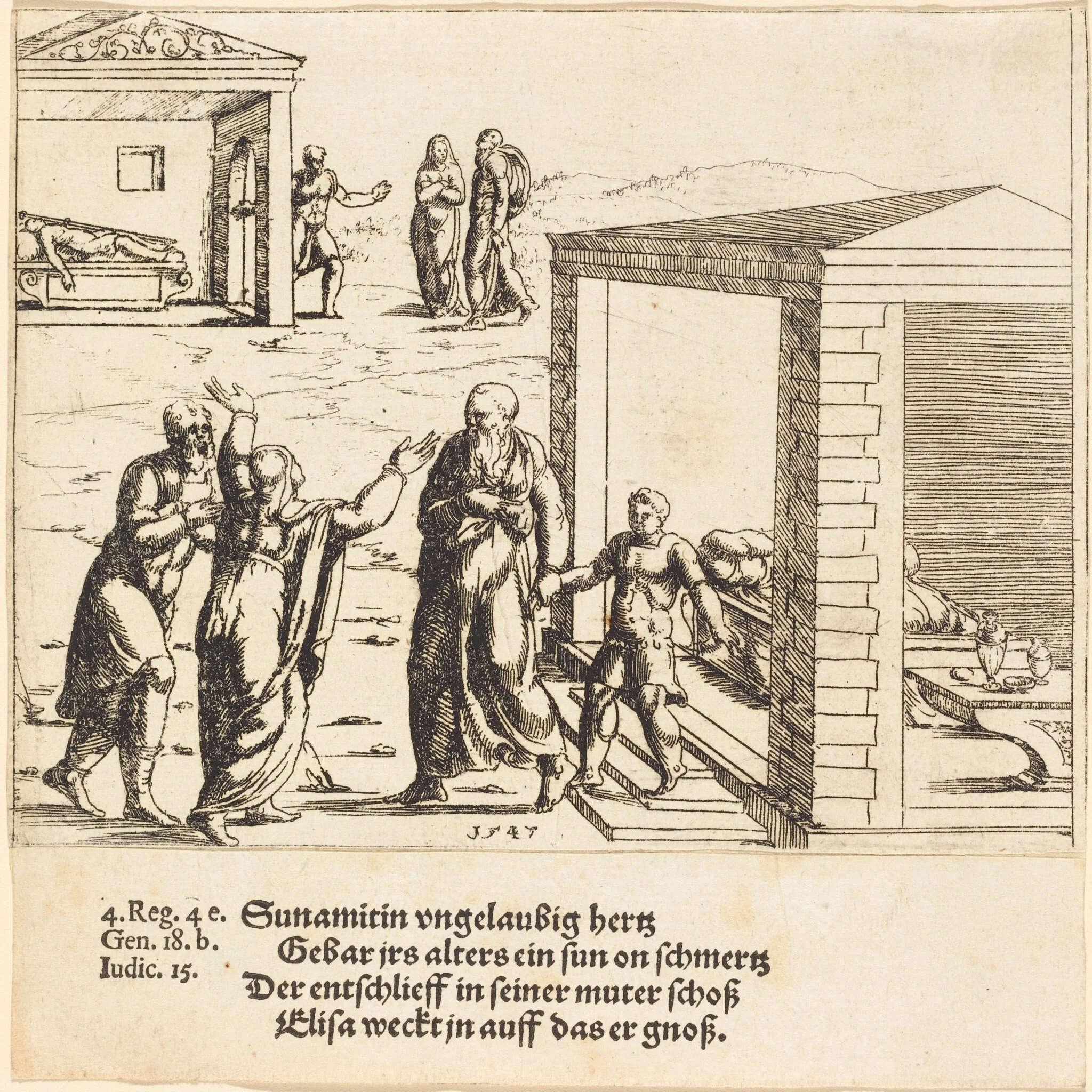 Elisha Raises the Son of the Shunammite, by Augustin Hirschvogel, ink, 1547