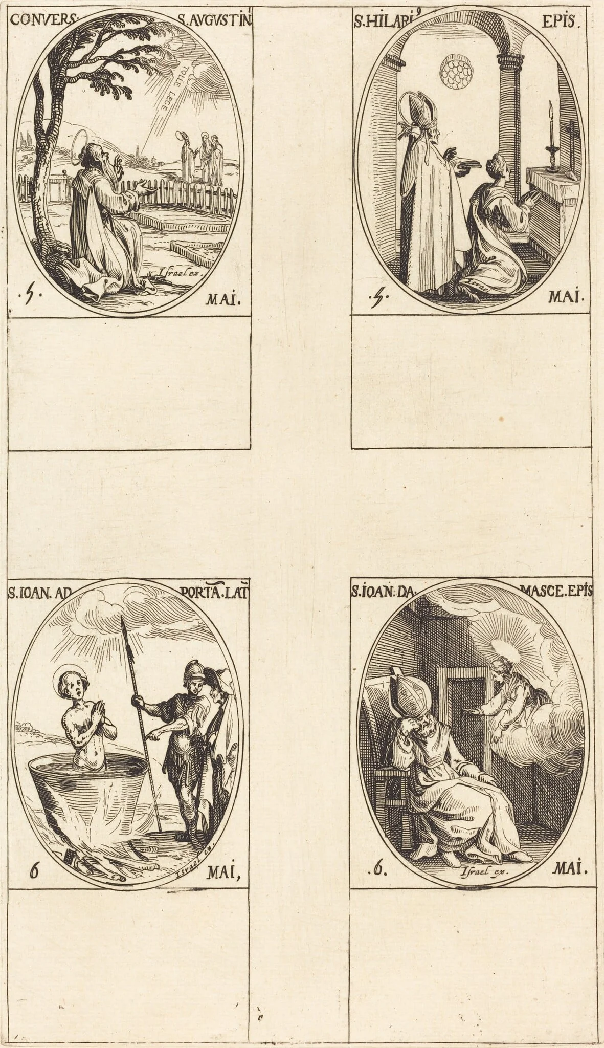 The Conversion of Saint  Augustine; Saint Hilary; Saint John before the Latin Portal; Saint John of Damascus, by Jacques Callot, ink, 1634