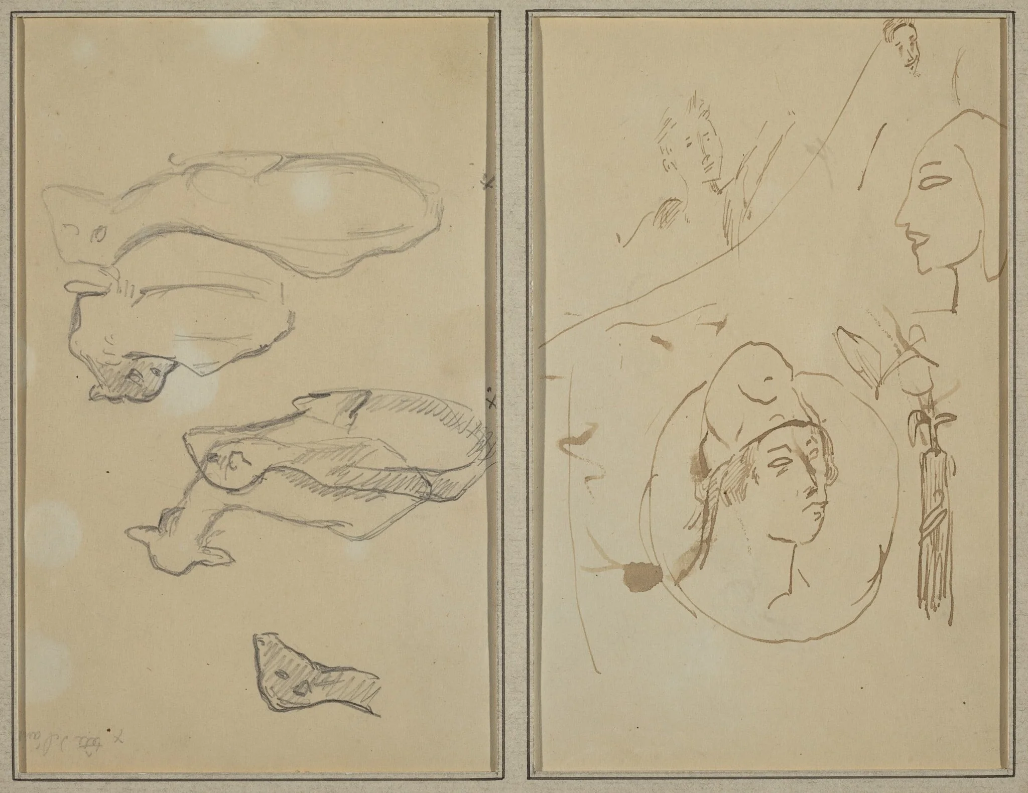 Five Sheep; Four Head Studies [verso], by Paul Gauguin, ink, 1886