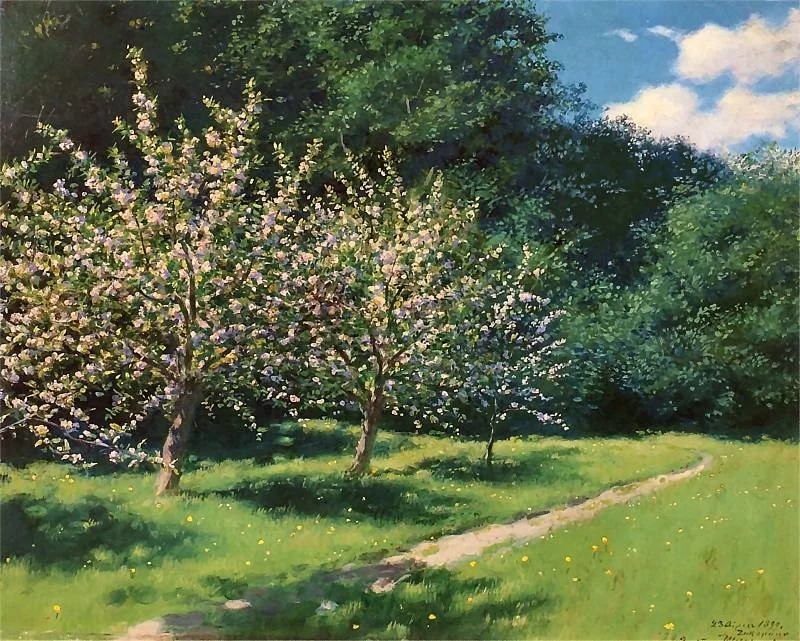 Apple trees in blossom, by Stanisław Witkiewicz, oil, 1900
