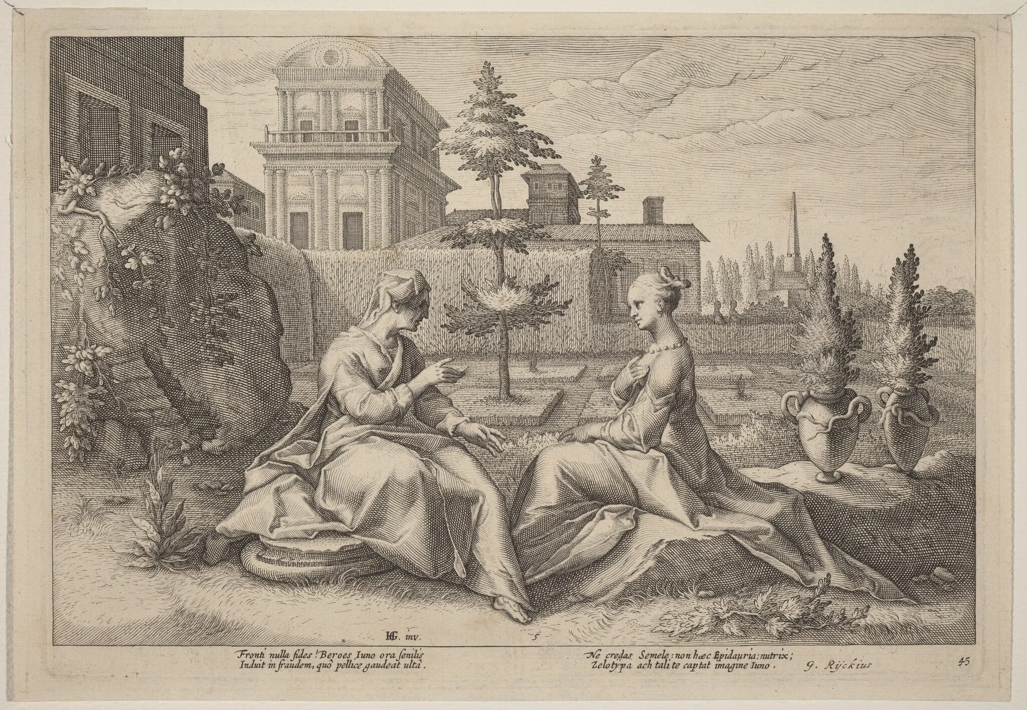 Juno in the Form of Beroe, Warning Semele, by Hendrik Goltzius, ink, 1615