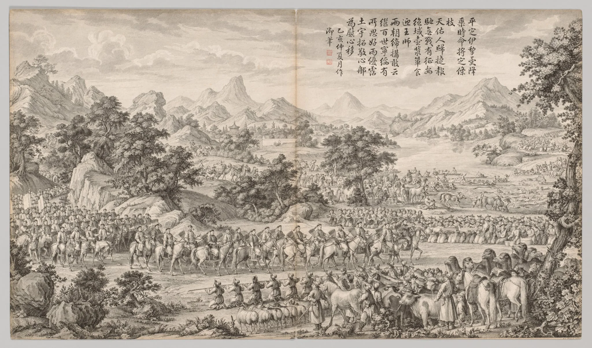 Receiving Surrender from the Eli: from Battle Scenes of the Quelling of Rebellions in the Western Regions, with Imperial Poems, by Giuseppe Castiglione, 1770