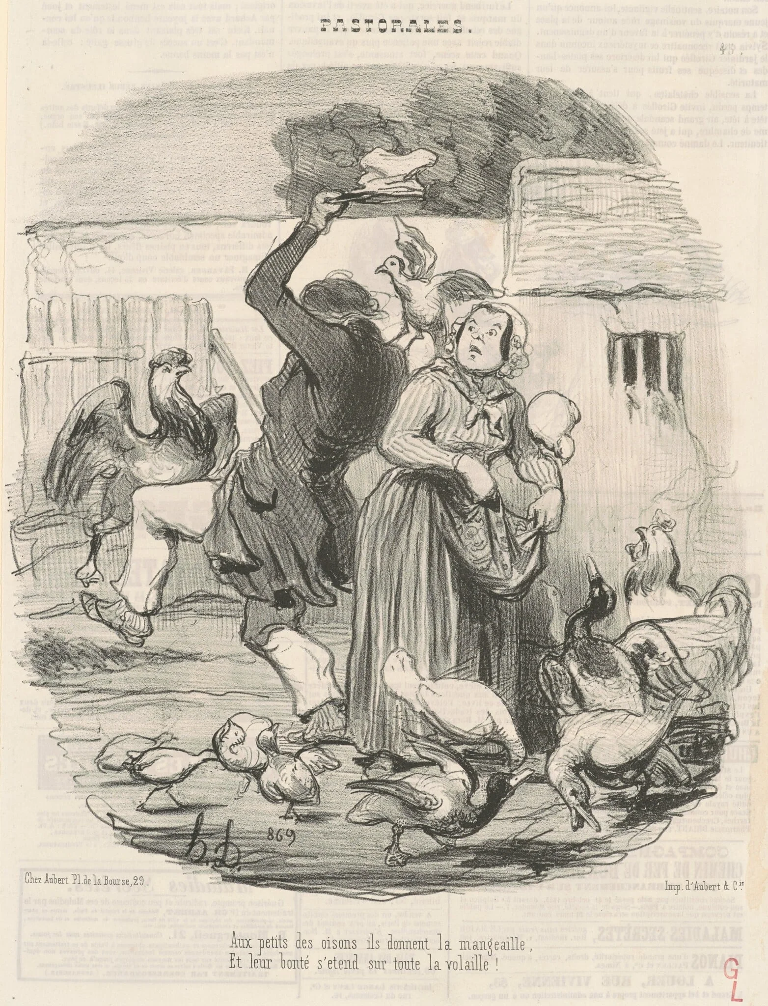 Aux petits des oisons, ils donnent la mangeaille ..., by Honoré Daumier, ink, 1846