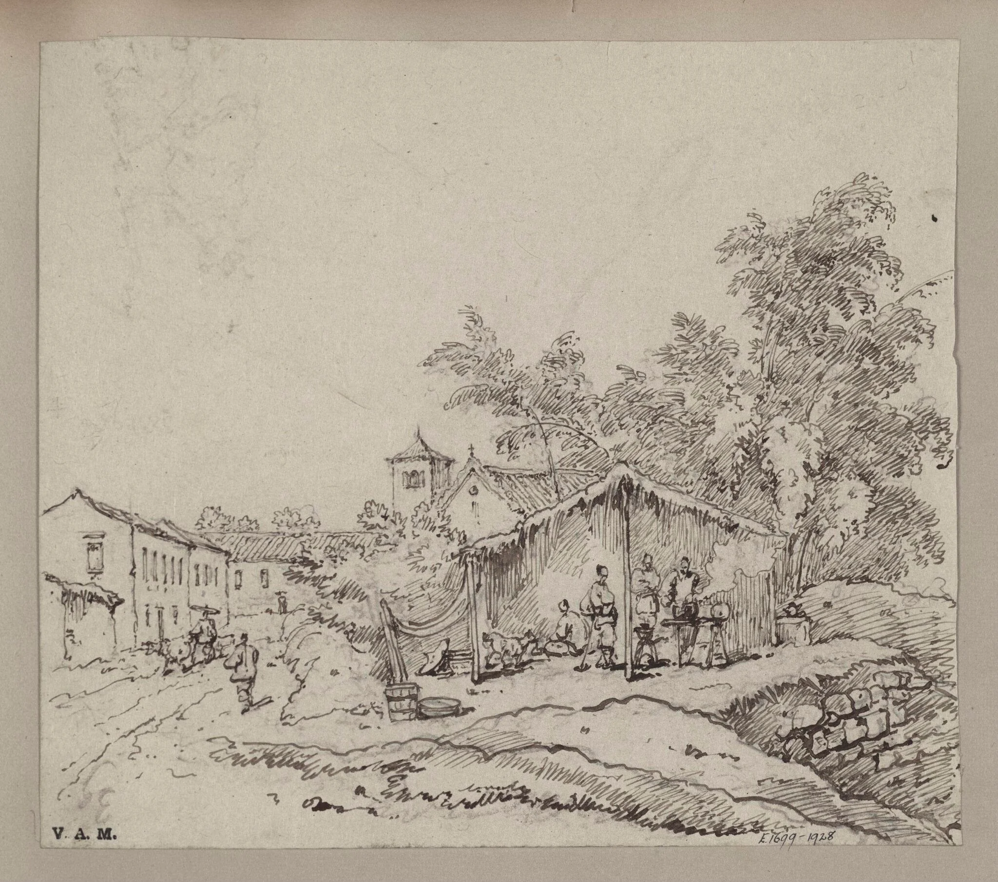 Blacksmiths beneath a thatched shelter, with the church of S. Antonio, Macau