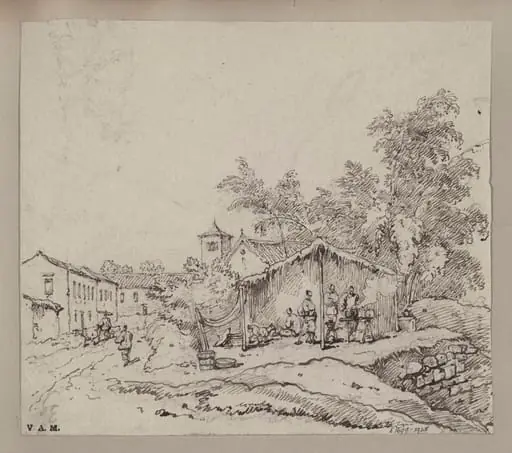 Blacksmiths beneath a thatched shelter, with the church of S. Antonio, Macau
