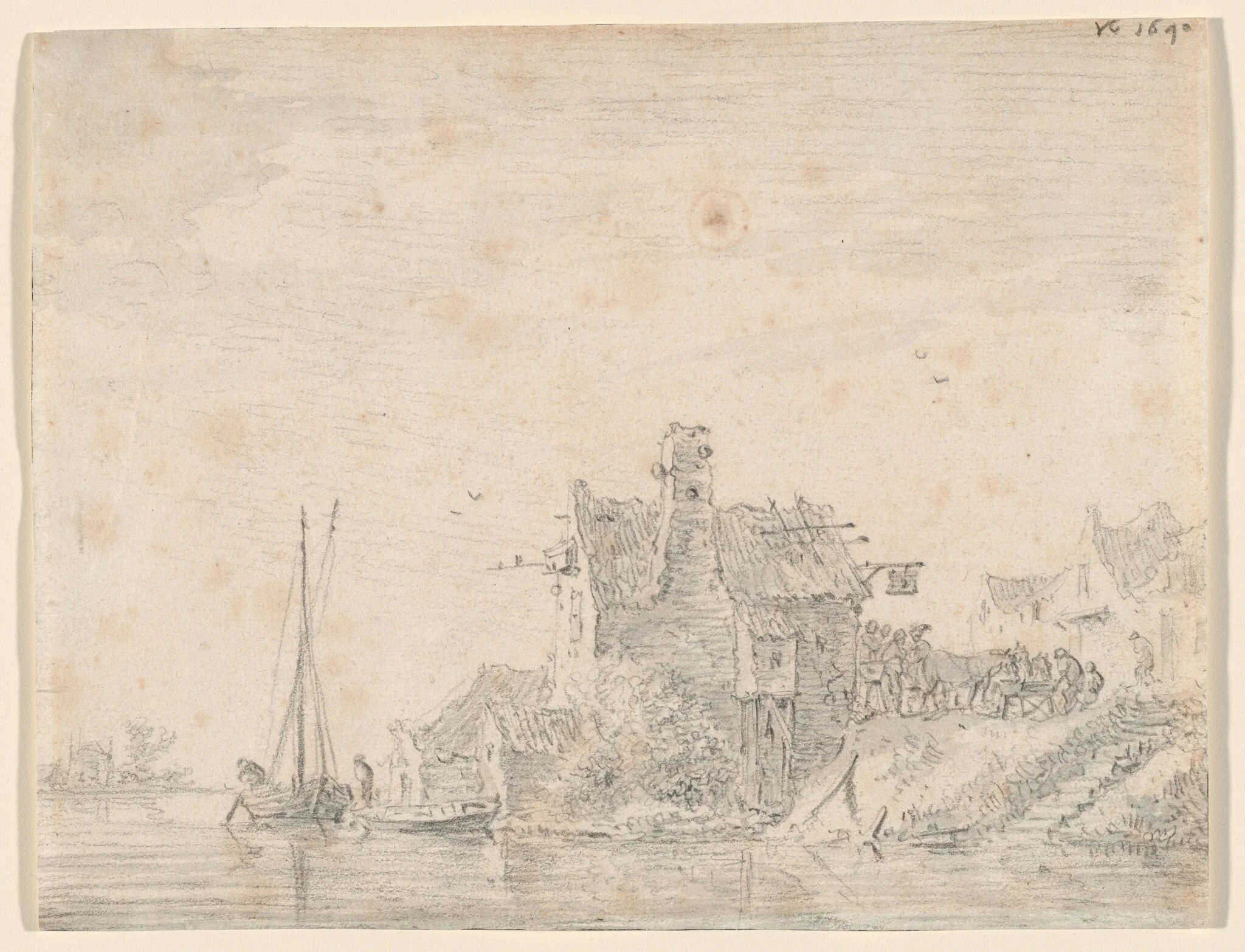 A Tavern by a River, by Jan van Goyen, chalk, 1640