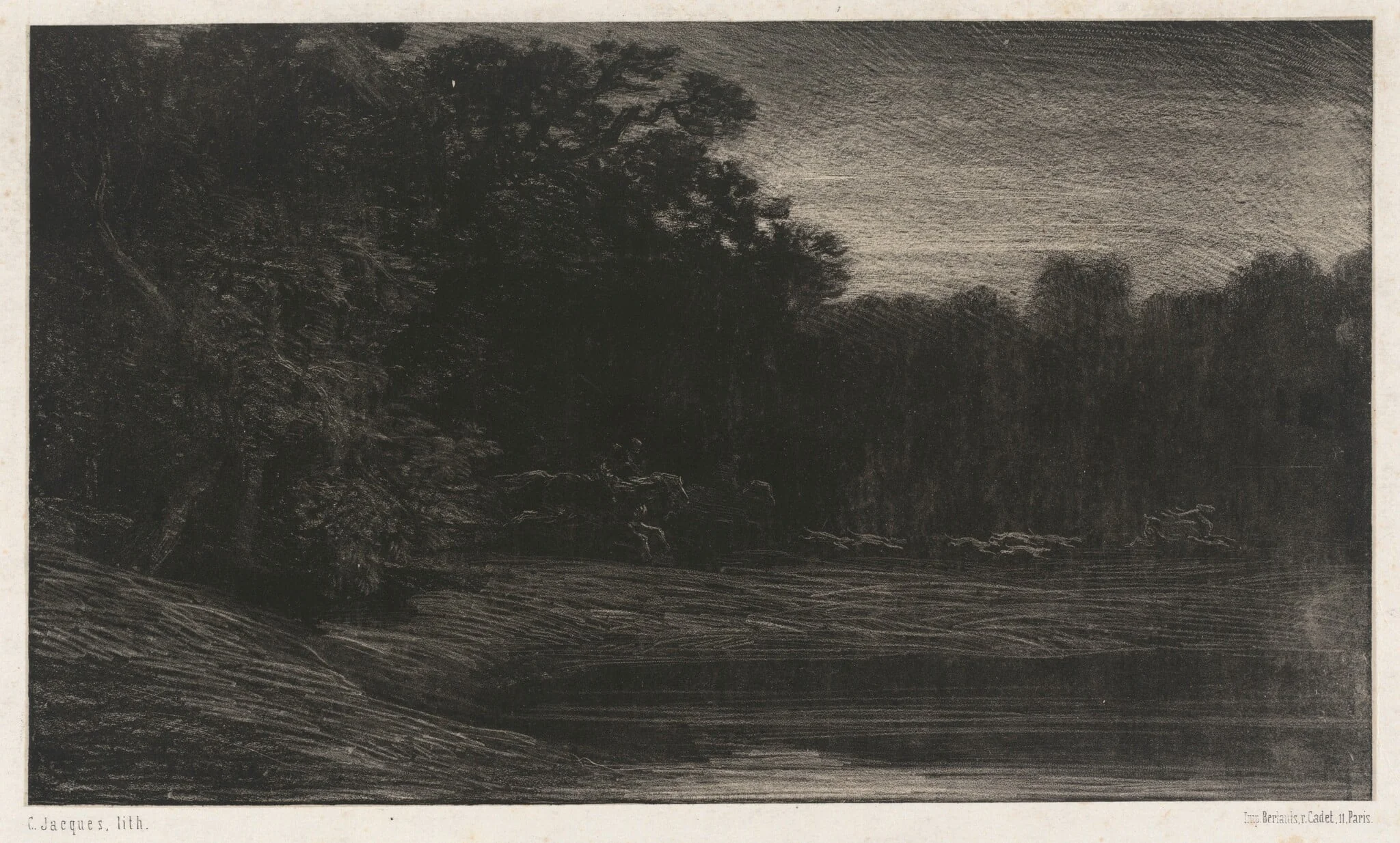 Deer Hunt (La chasse au cerf), by Charles Émile Jacque, ink, 1853