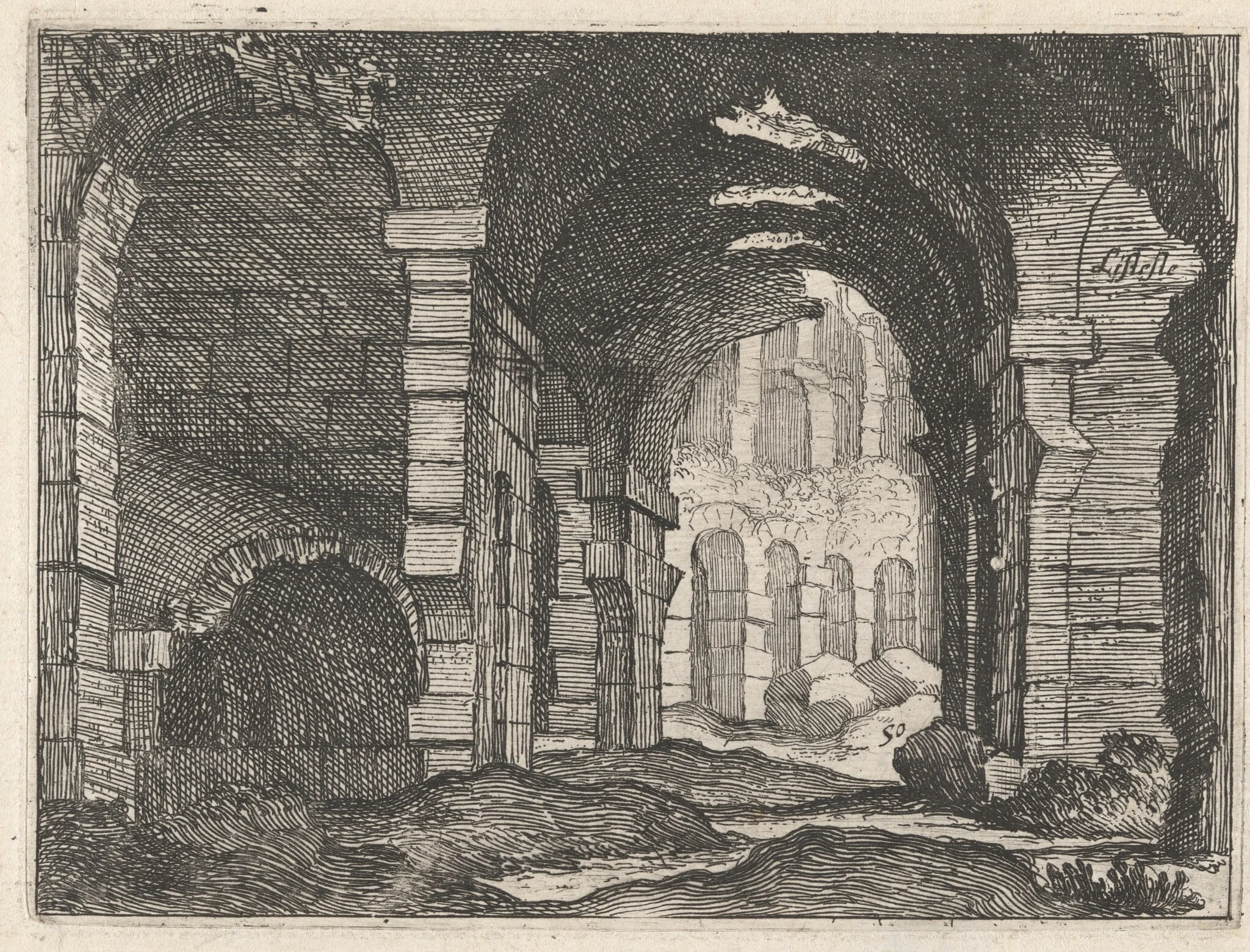 The Ruins of the Colosseum, by Giovanni Battista Mercati, ink, 1629