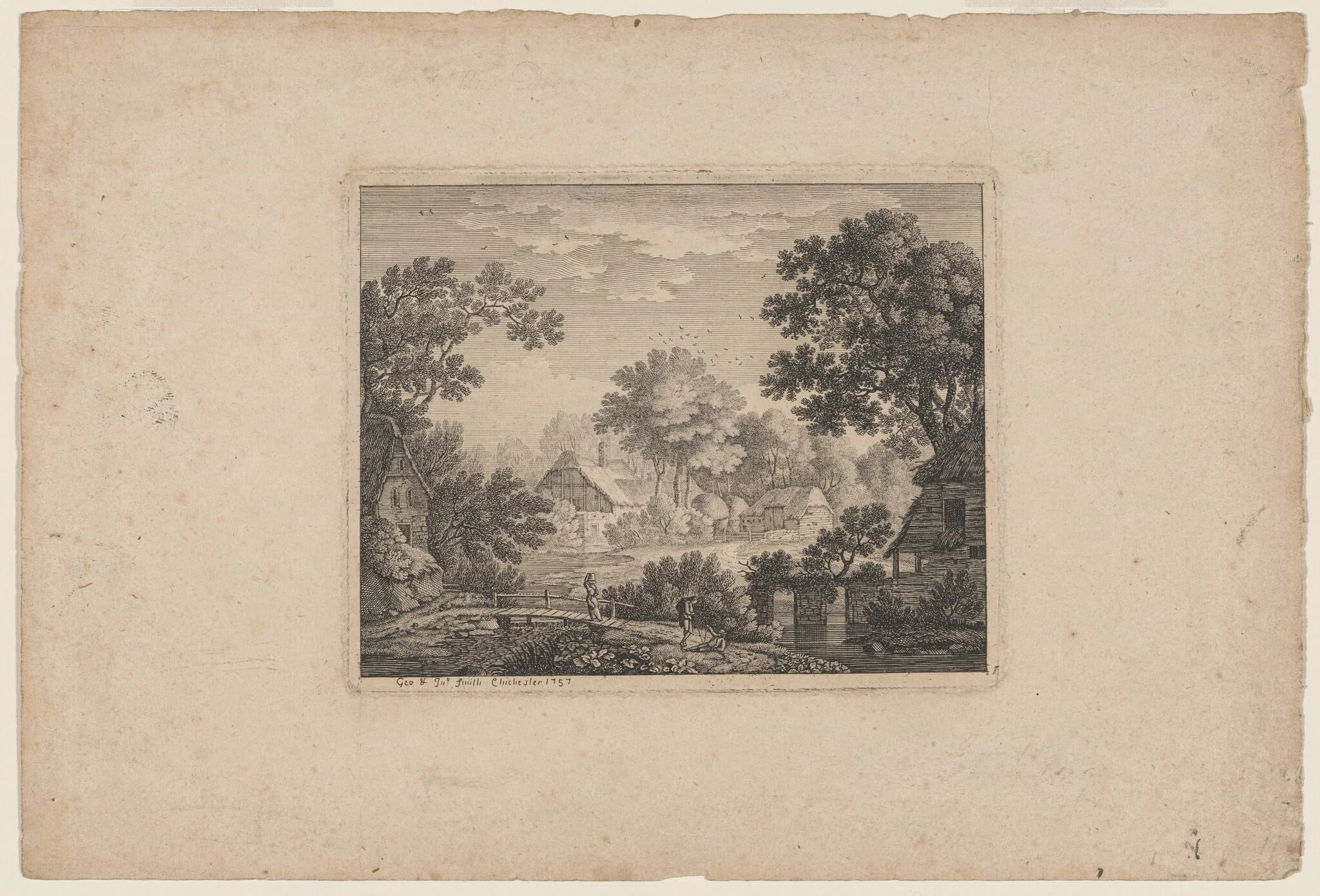 Woodland Village with a Woman on a Footbridge, by John Smith, ink, 1757