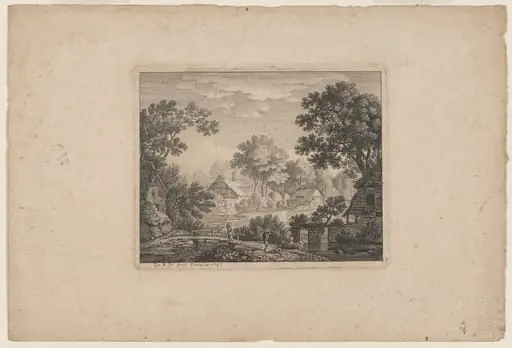 Woodland Village with a Woman on a Footbridge
