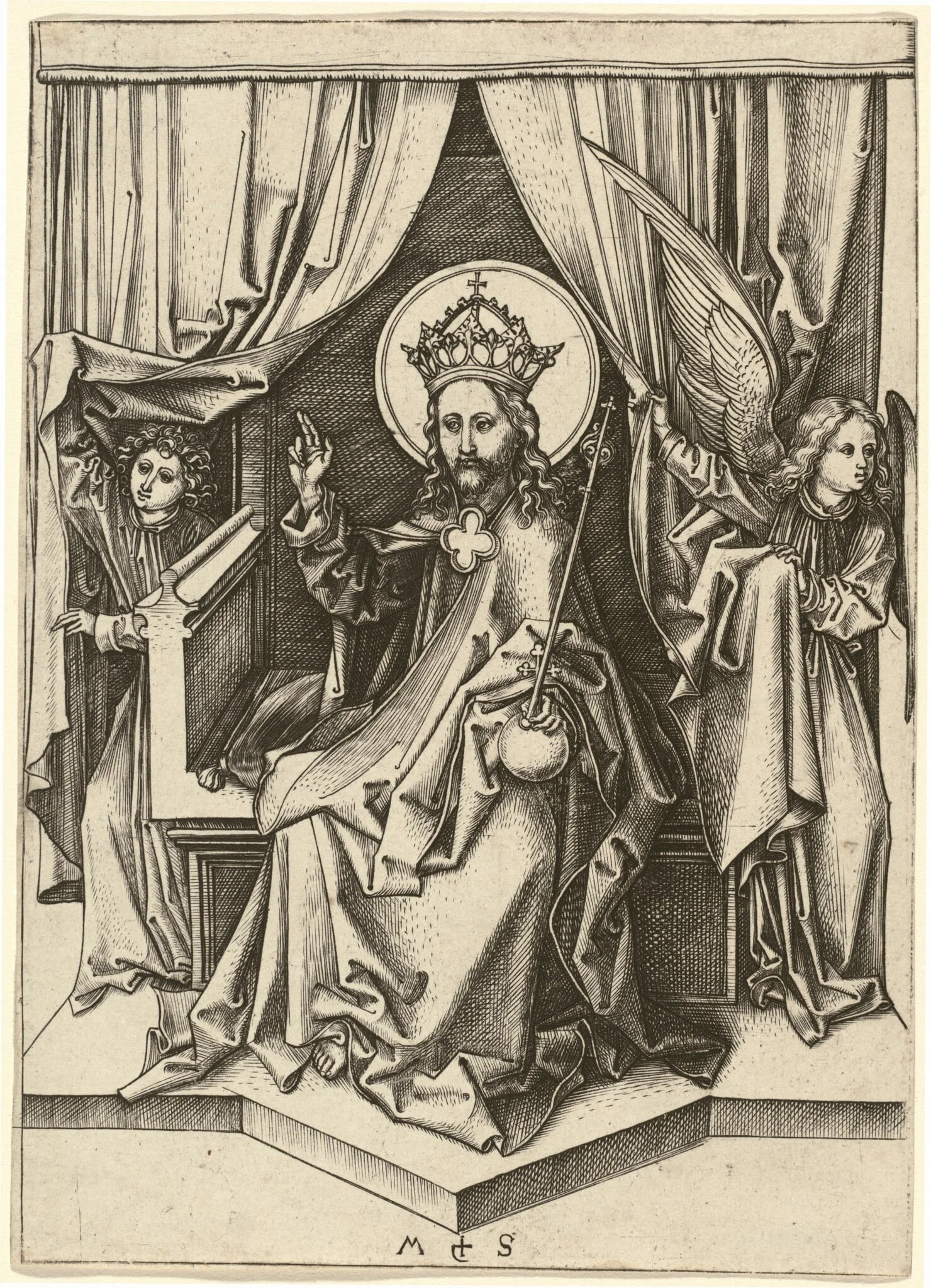 Christ Enthroned, with Two Angels, by Martin Schongauer, ink, 1478