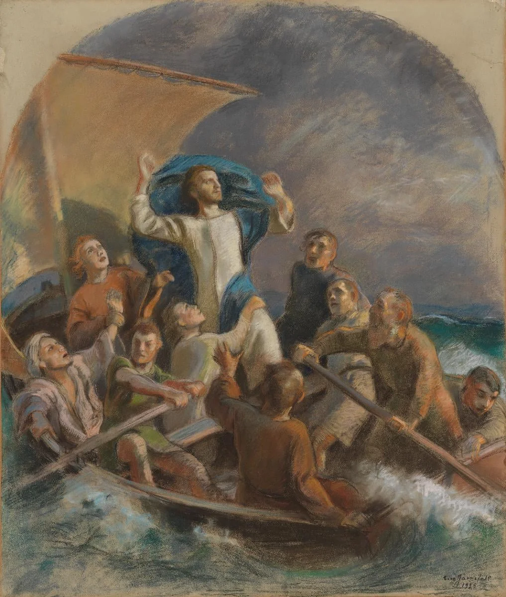 Kristus asettaa myrskyn, harjoitelma Raahen kirkon alttaritaulua varten, by Eero Järnefelt, 1910