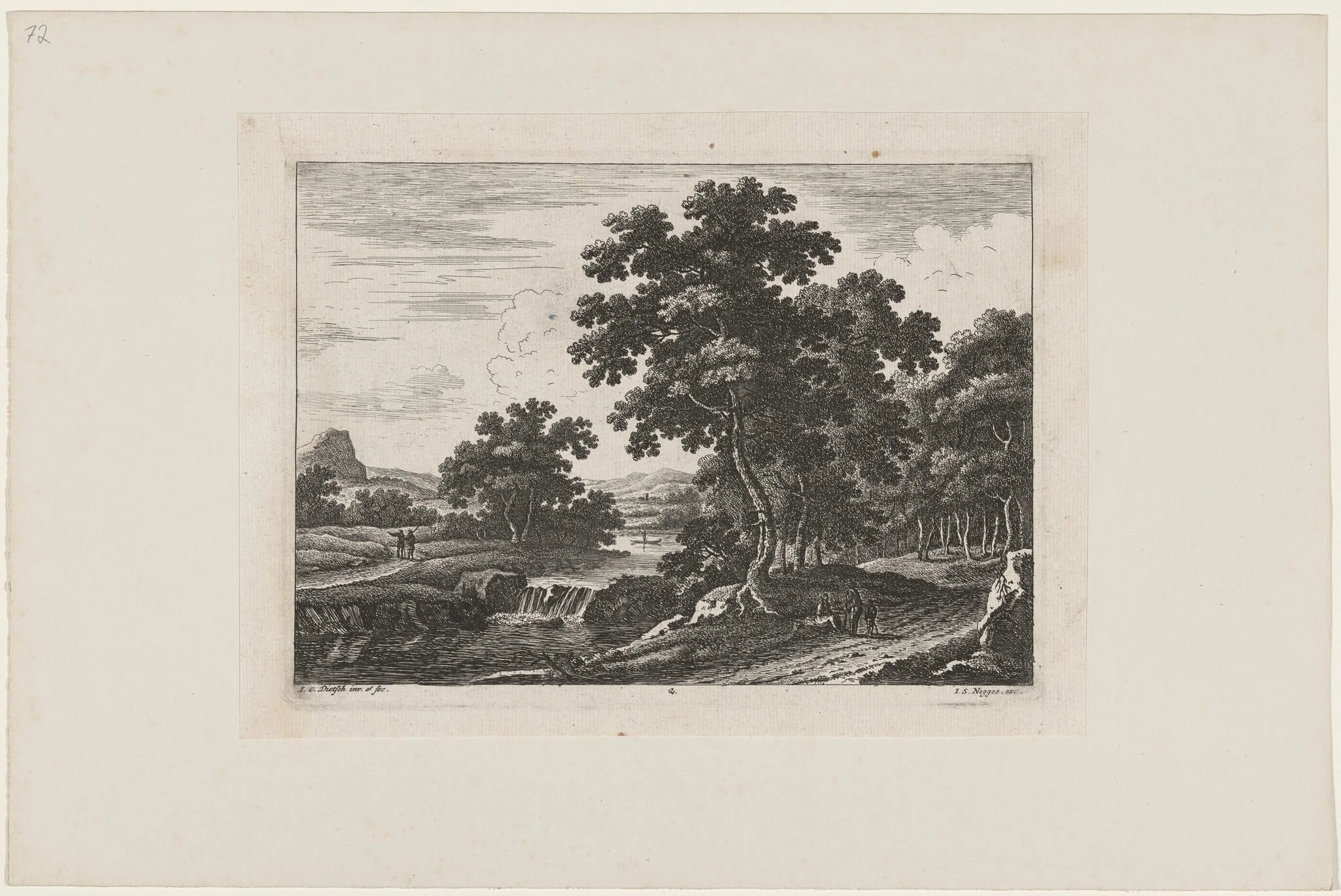 Traveler by a Waterfall, by Johann Christoph Dietzsch, ink, 1734