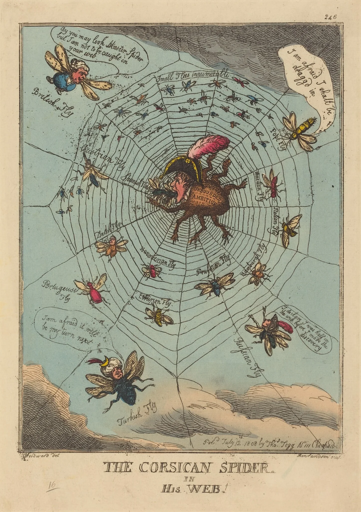 The Corsican Spider in his Web, by Thomas Rowlandson, ink, 1808
