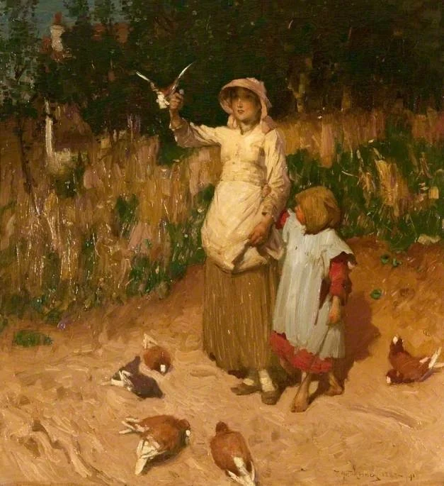 Feeding the Pigeons, by Thomas Austen Brown, oil, 1894