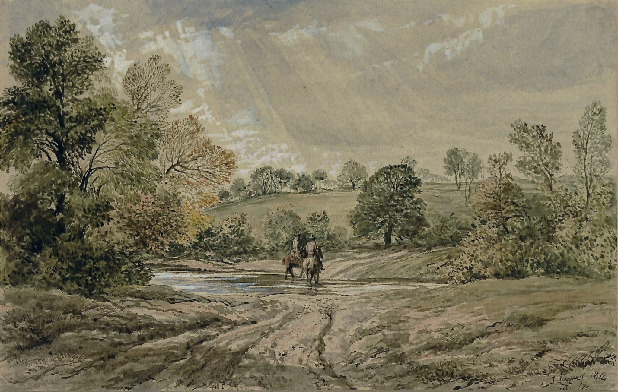 Landscape with horsemen fording a stream, by John Linnell, watercolor, 1814