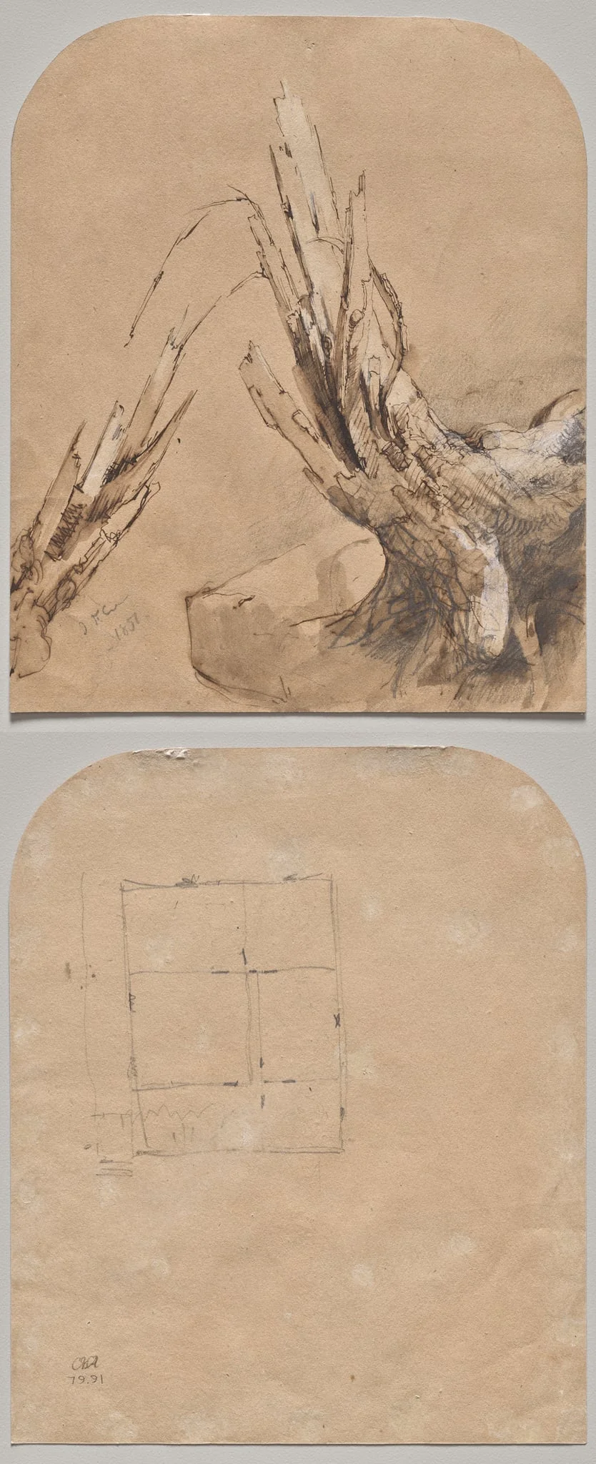 A Blasted Tree (recto) Floorplan (verso), by Jasper Francis Cropsey, 1851