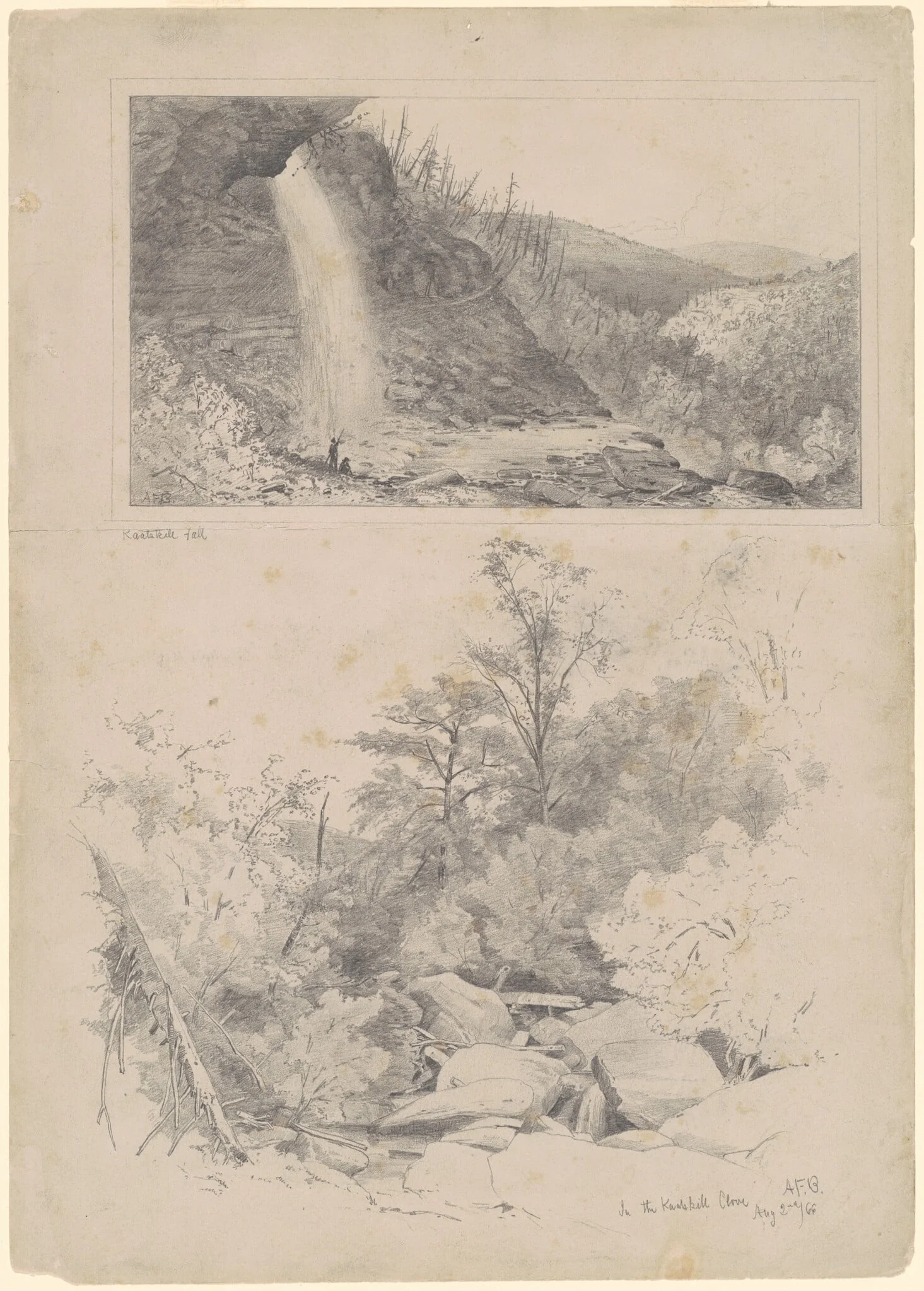 Kaatskill Fall; and In the Kaatskill Clove, by Andrew Fisher Bunner, graphite, 1866