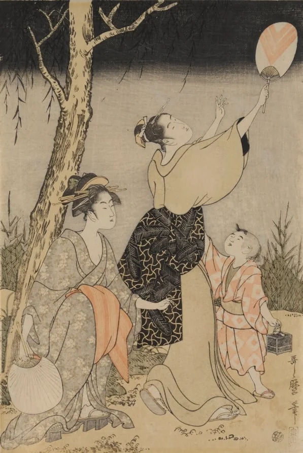 Catching Fireflies Beneath a Willow Tree (left), by Kitagawa Utamaro, 1796
