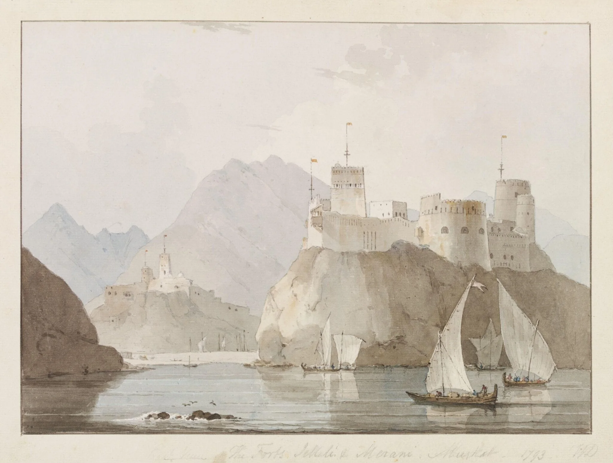 East View of The Forts Jellali & Merani, Muscat, by William RA Daniell, watercolor, 1793