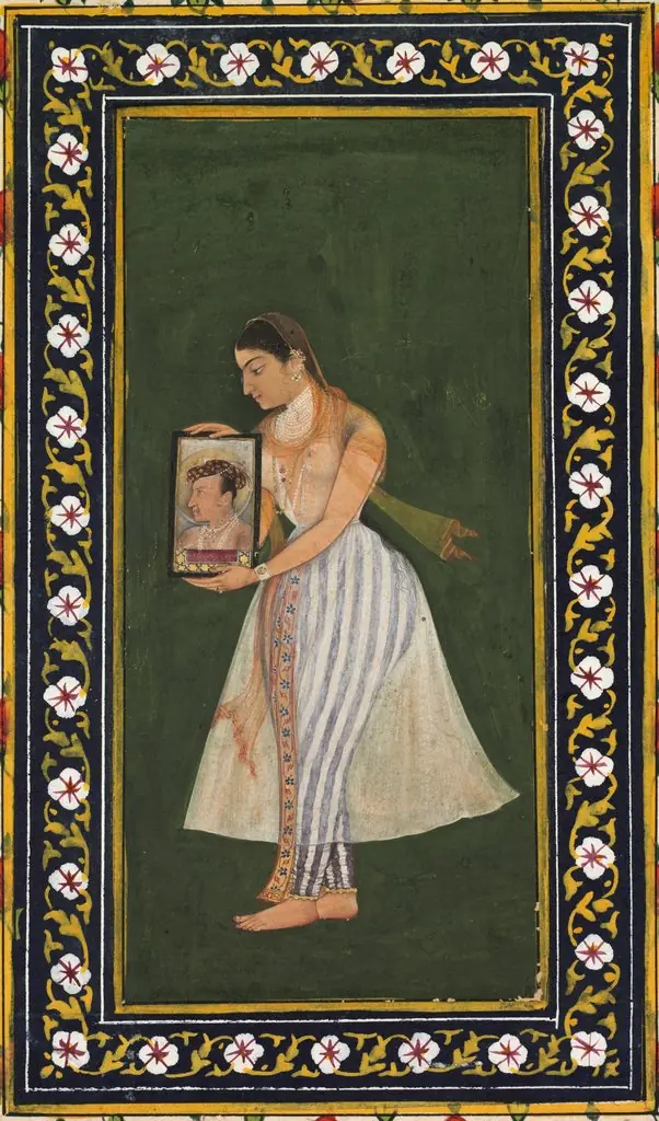 Nur Jahan holding a portrait of Emperor Jahangir
