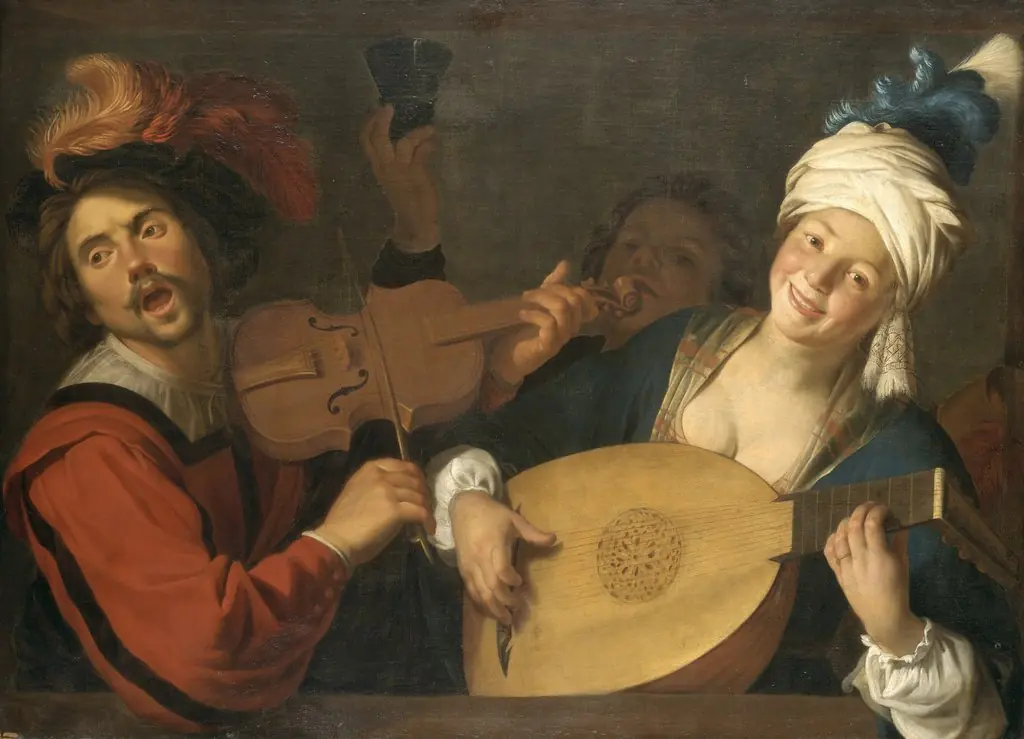 Couple making music behind a balustrade