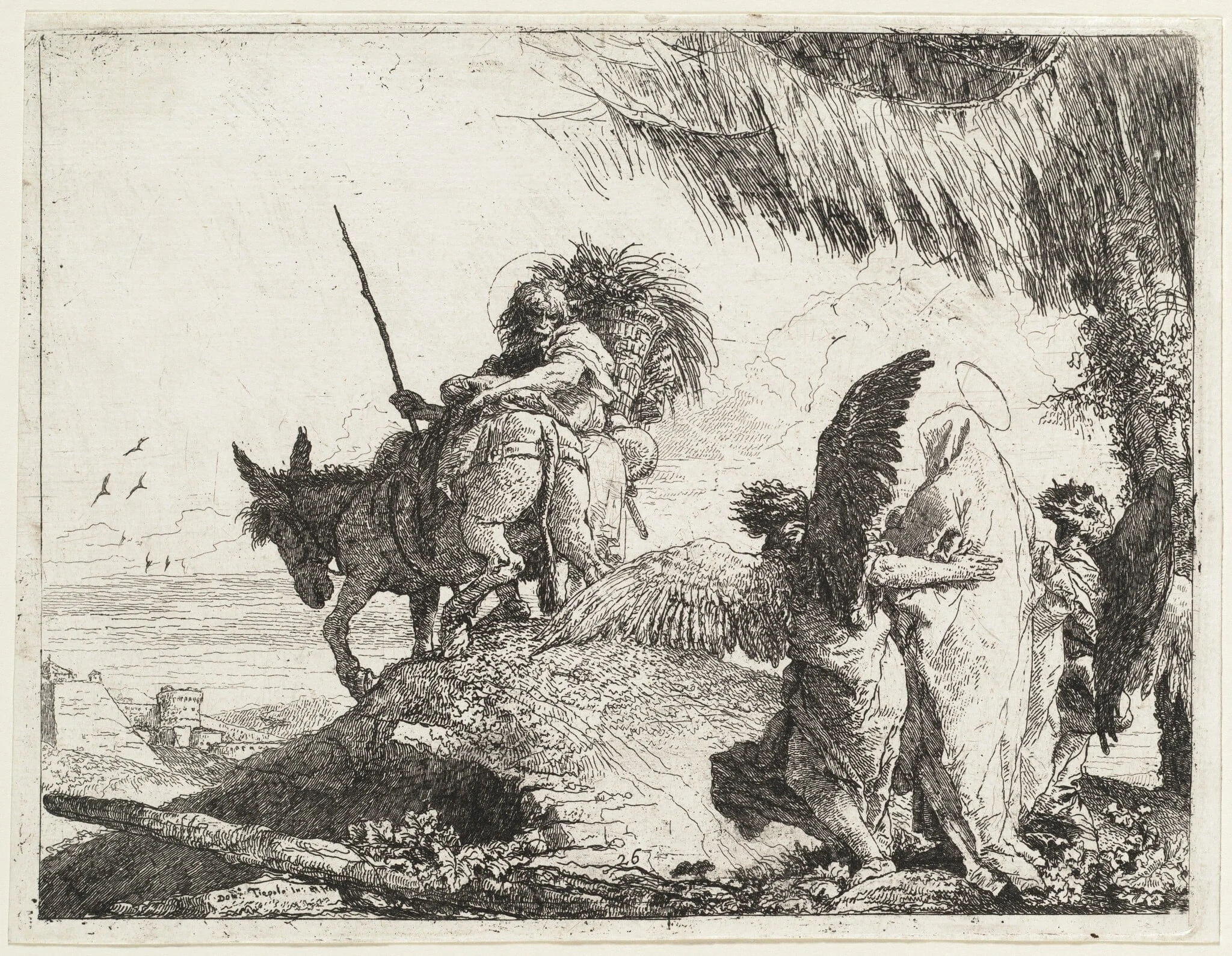 The Flight, with Madonna at Right Supported by Angels, by Giovanni Domenico Tiepolo, ink, 1753